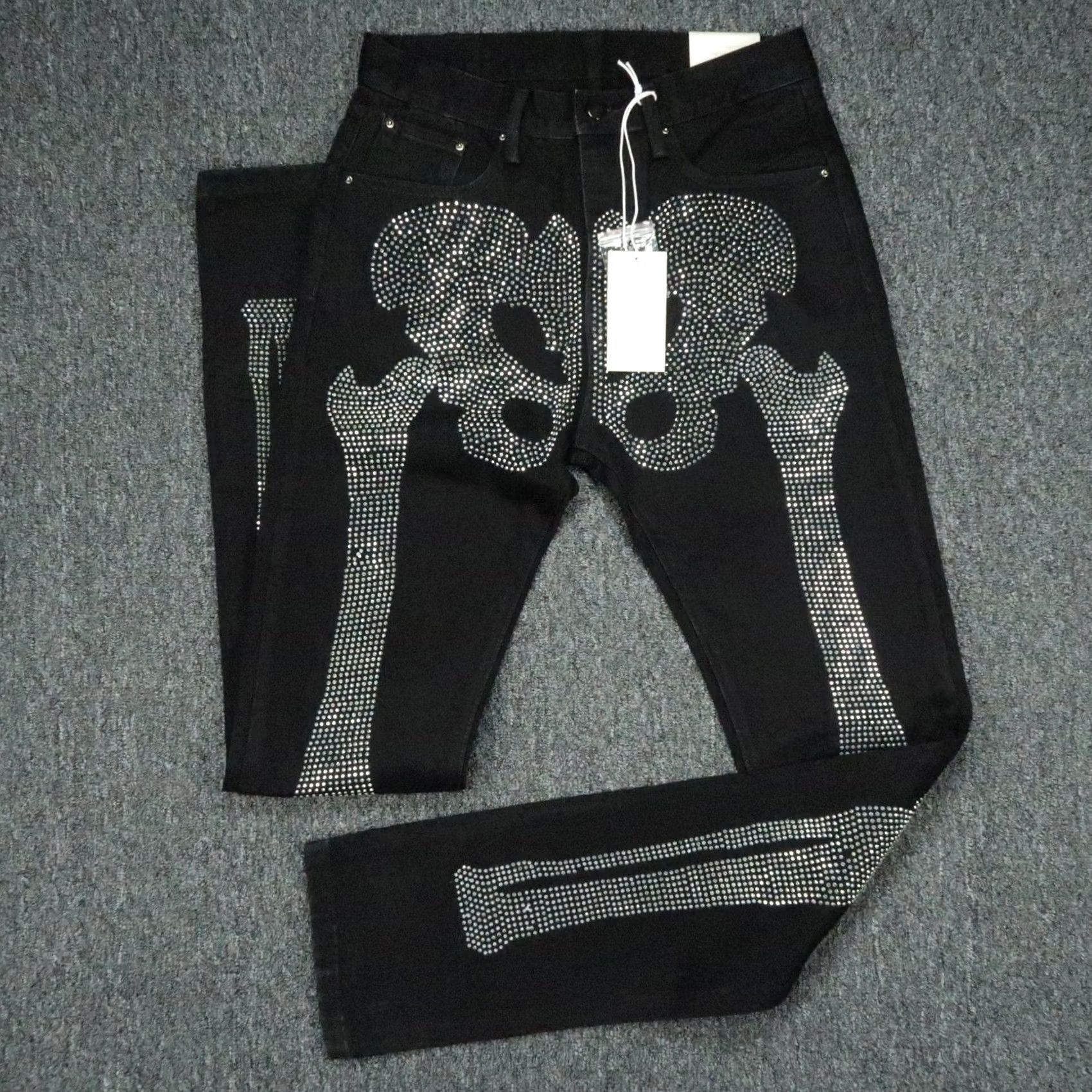 MNML Mnml Jeans Mens Black Skeleton Denim Rhinestone Crystal Goth Streetwear 31x36 Size US 31 - 2 Thumbnail