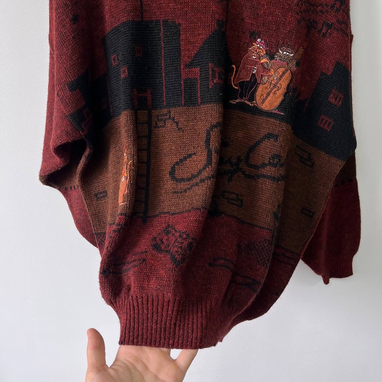 Vintage JAZZ CATS SWEATER- Vintage Novelty Pullover 80s 90s Winter Size US L / EU 52-54 / 3 - 11 Thumbnail