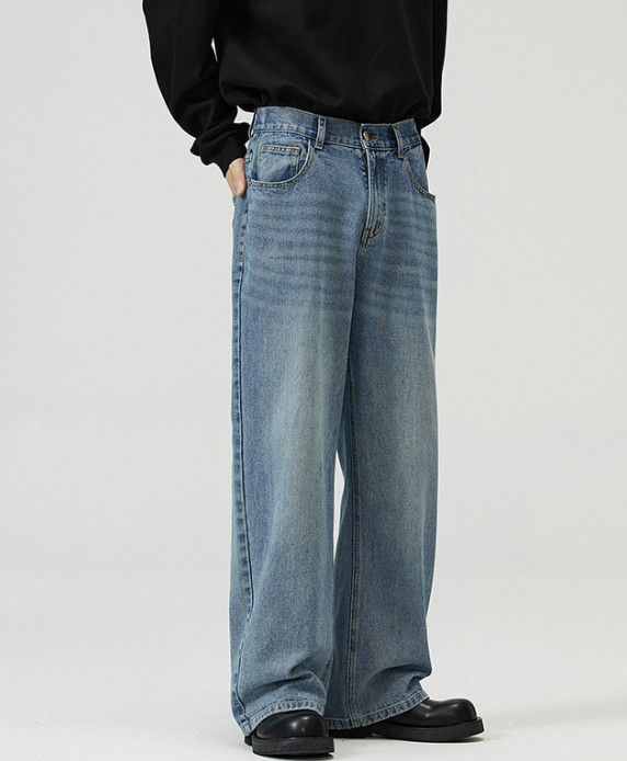 Japanese Brand Street loose straight retro washed distressed jeans for men Size US 32 / EU 48 - 4 Thumbnail