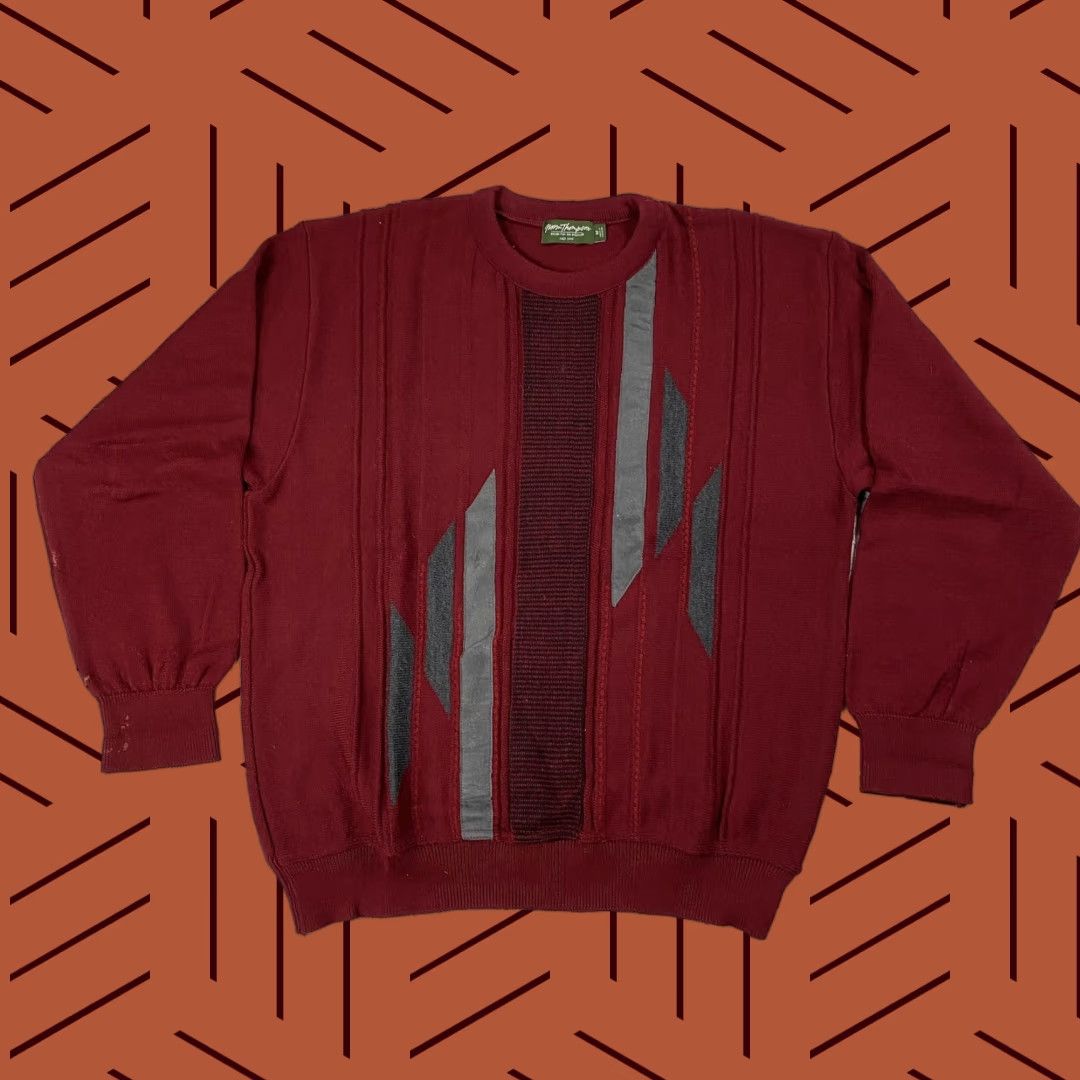 Jim Thompson VINTAGE Norm Thompson Wool Blend Sweater Mens M Crew Neck Red Geometric Retro Cosby Patch Knit Pullover All Seasons 20th Century Style Mens Size US M / EU 48-50 / 2 - 1 Thumbnail
