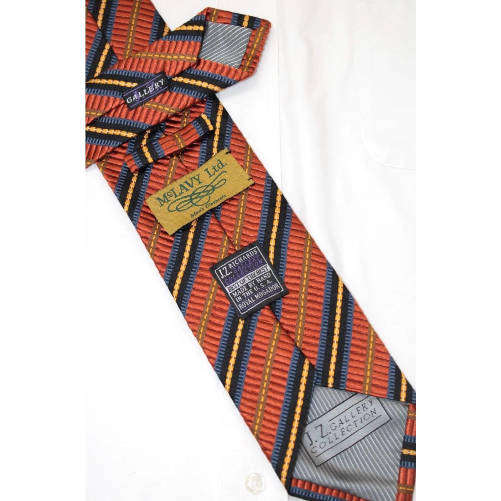 Vintage JZ Richards Silk Necktie Men's Copper Blue Textured Stripe Tie Designer USA Size ONE SIZE - 5 Thumbnail