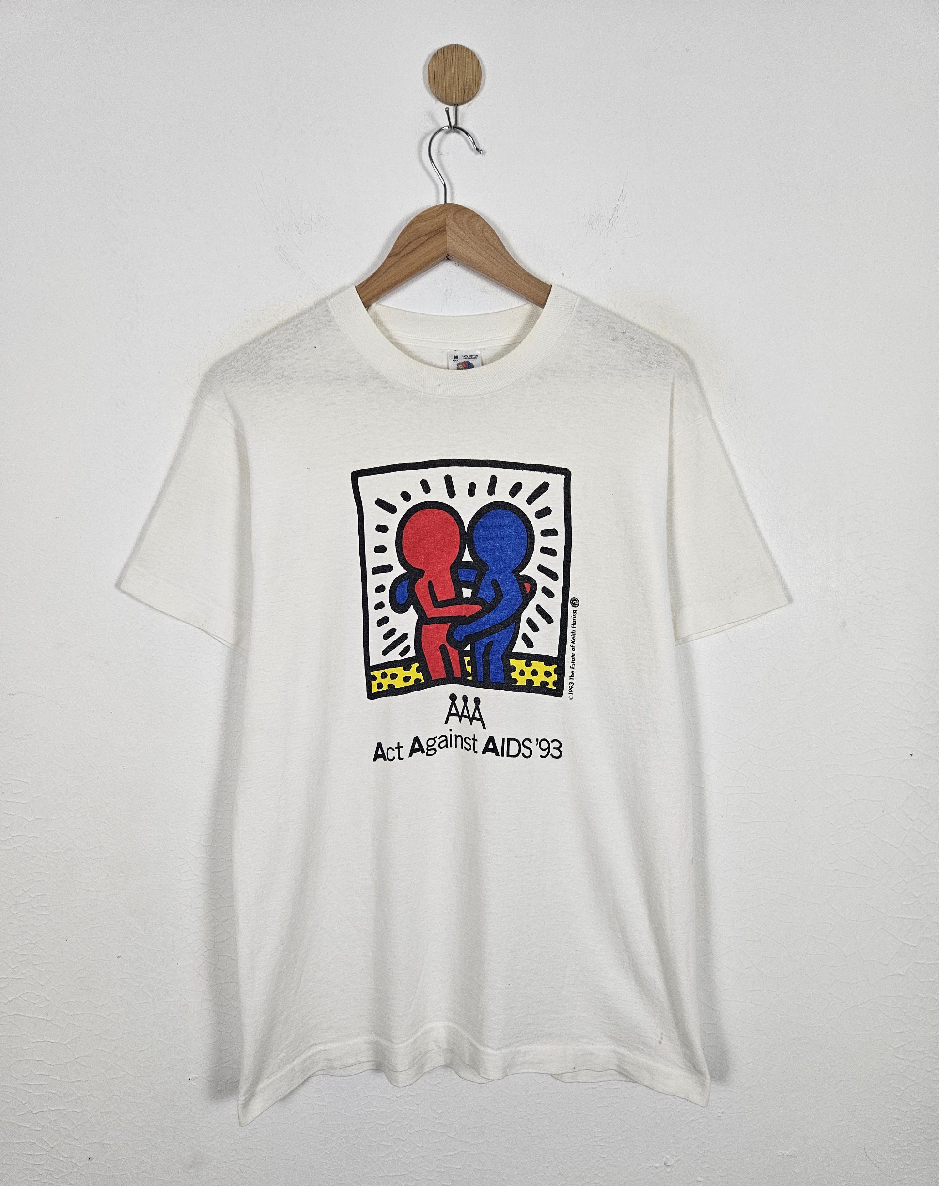 image of Keith Haring Fight Aids Act Shirt Promo Ad 1993 in White, Men's (Size Medium)