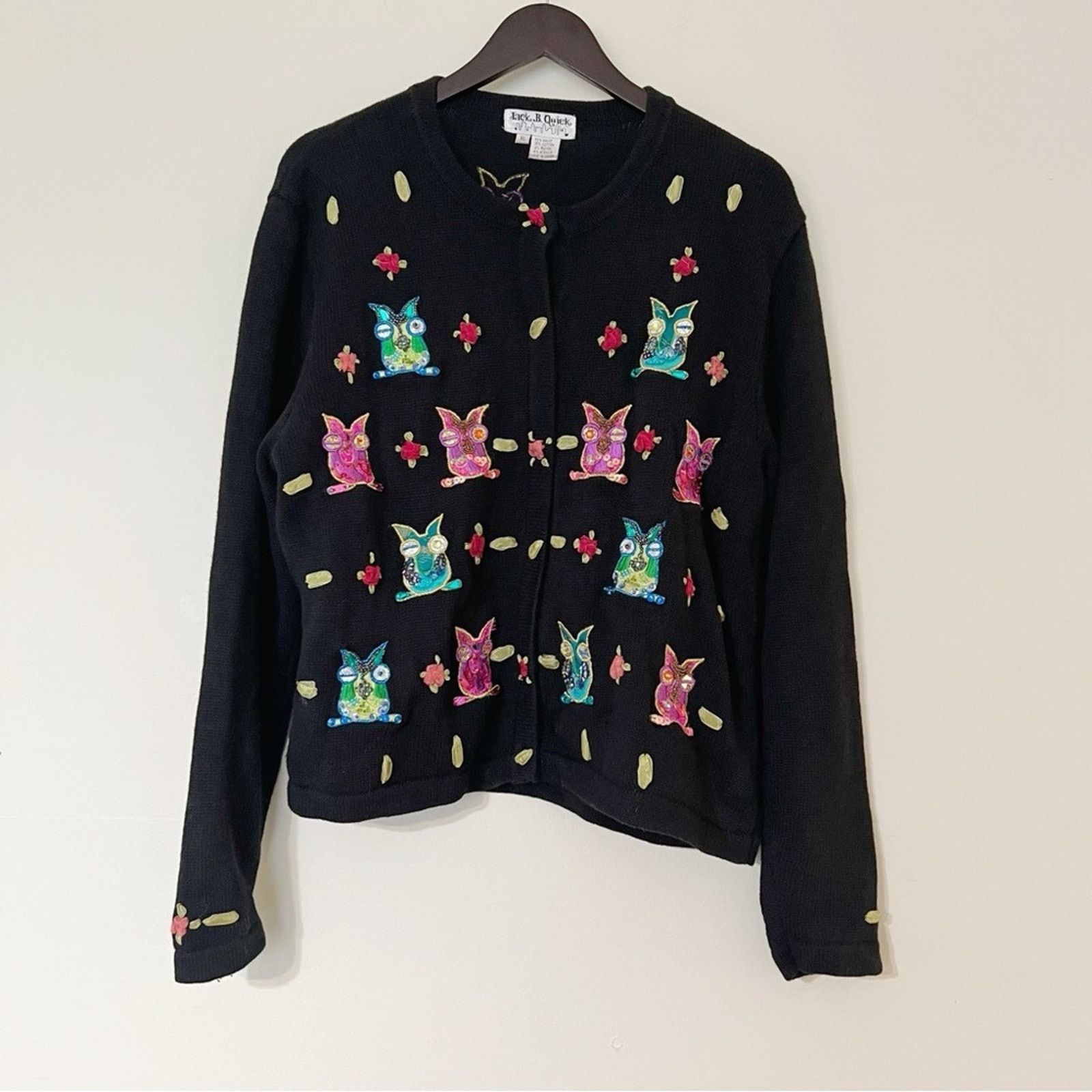 Vintage Jack B. Quick Y2k Beaded Owl Embroidered Knit Cardigan Size XL / US 12-14 / IT 48-50 - 1 Thumbnail
