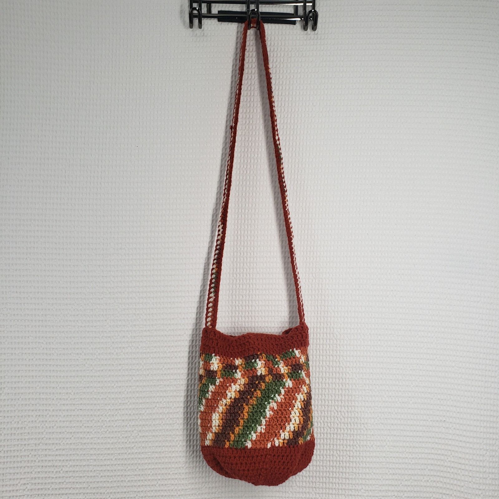 Handmade Striped Crochet Crossbody Bucket Bag Brown Small Handmade Size ONE SIZE - 2 Thumbnail