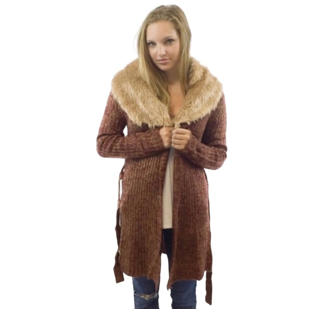 Other NWT Removable Faux Fur Trim Tie Waist Long Rust Cardigan Kni Size S / US 4 / IT 40 - 5 Thumbnail
