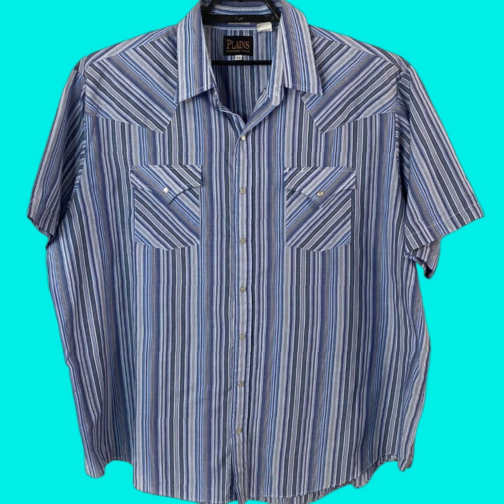 Vintage VINTAGE Plains Western Snap Button-Up Short-Sleeve Shirt Blue Multi-Stripe Men 2X Big & Tall Button-Up Shirt Size US XXL / EU 58 / 5 - 1 Thumbnail
