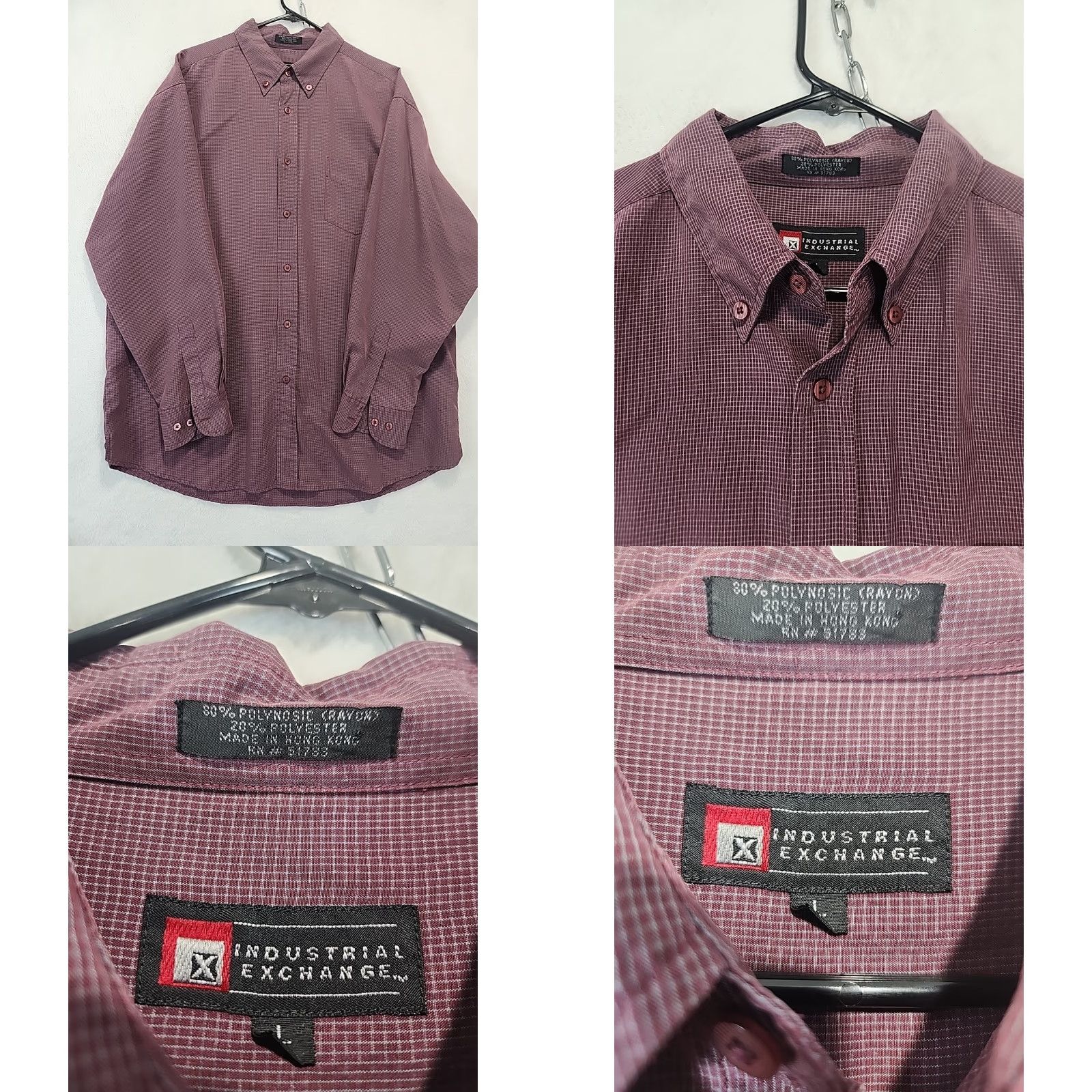 Vintage VINTAGE Industrial Exchange Long Sleeve Men's Button-Up Shirt Burgundy Check Plaid 80s 90s Western Mens Regular L Size 42R - 8 Thumbnail