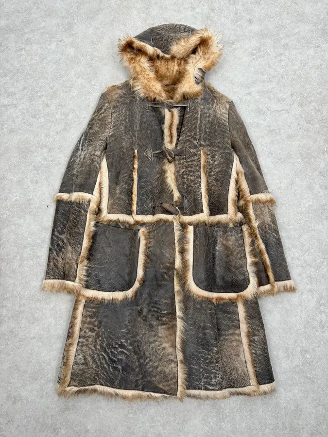 Just Cavalli 2000s Cavalli Grey Eroded Fur Leather Long Coat Size US S / EU 44-46 / 1 - 3 Thumbnail