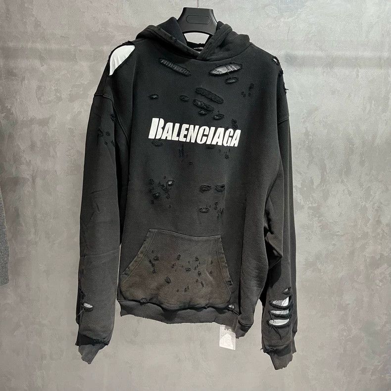 Balenciaga Balenciaga Black Print Crack Design Hole Crack Effect Hoodi Size US S / EU 44-46 / 1 - 1 Thumbnail