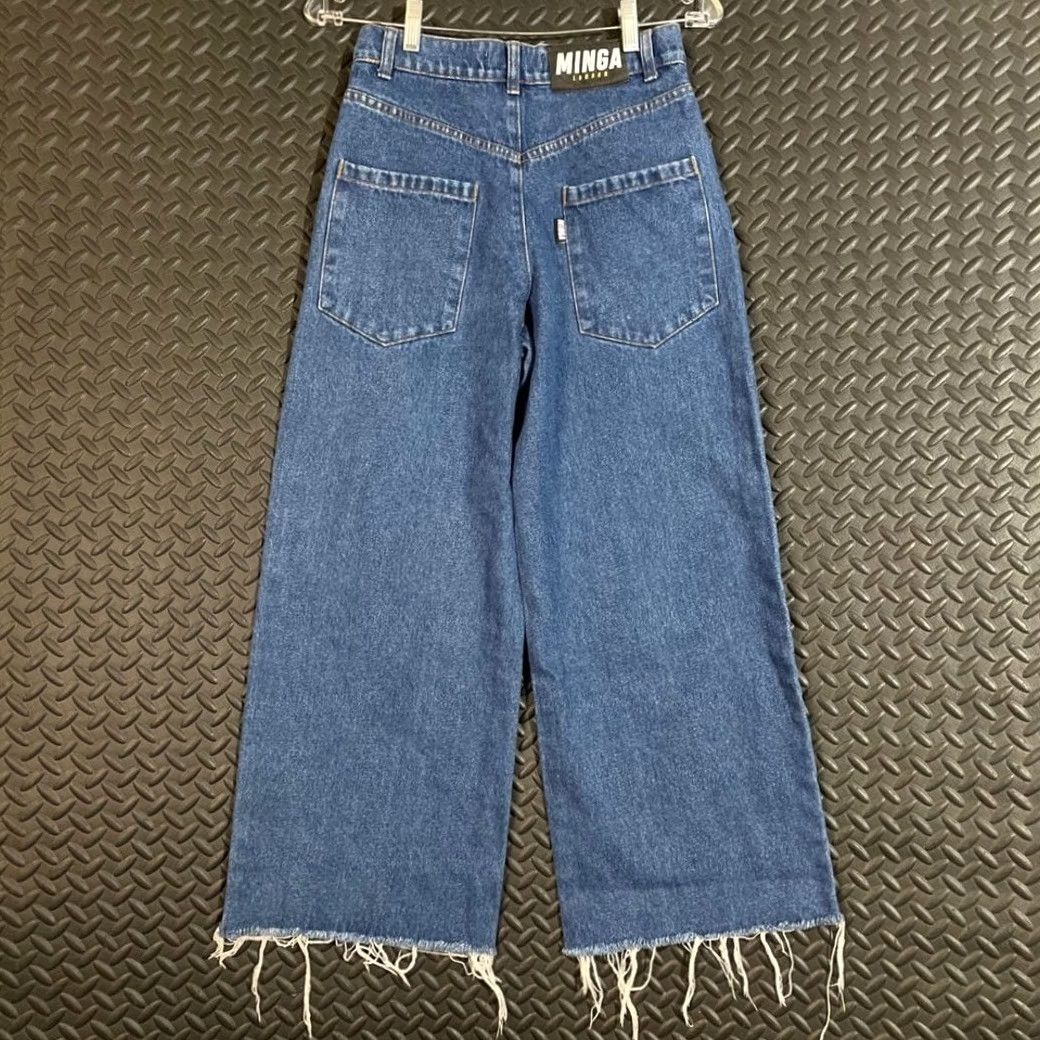 Minga London Minga London Jeans High Waist Wide Leg Blue Smiley Face Knee Patches Raw Hem Denim Women's 24" Size 42" / US 20 - 2 Thumbnail