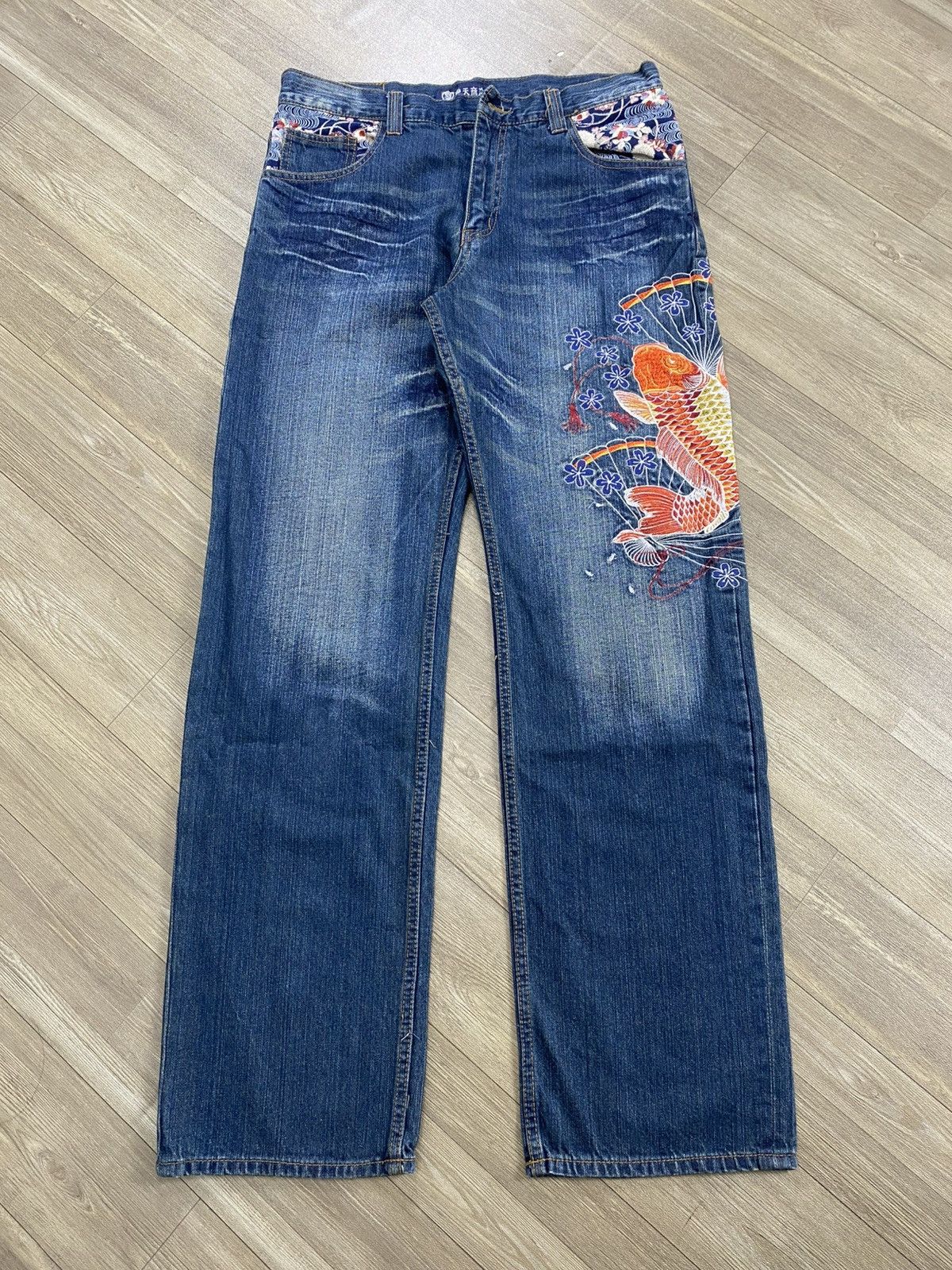 Ed Hardy Vintage Karakuri Tamashi Embroidered Koi Sakura Y2K Jeans Size US 30 / EU 46 - 3 Thumbnail