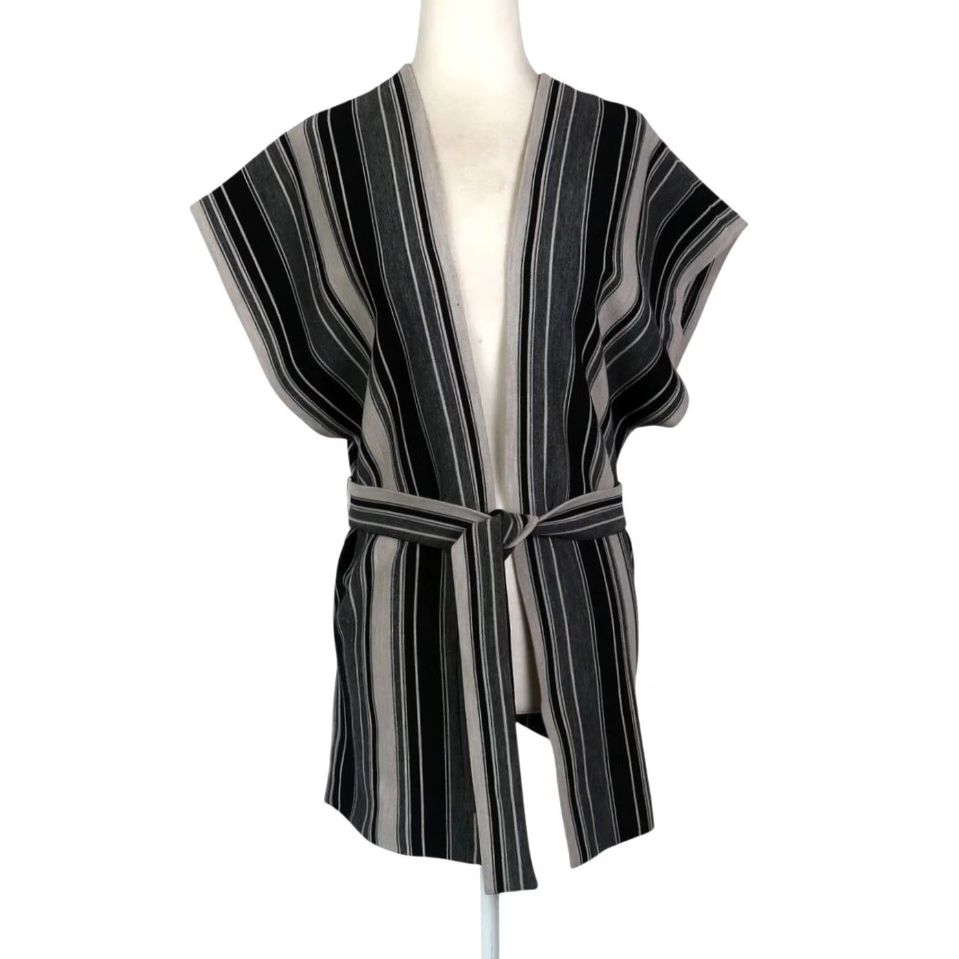 Vintage VINTAGE Act III Grey Striped Sleeveless Kimono Vest Belted Wrap Jacket Shirt Dress? Size M / US 6-8 / IT 42-44 - 2 Thumbnail