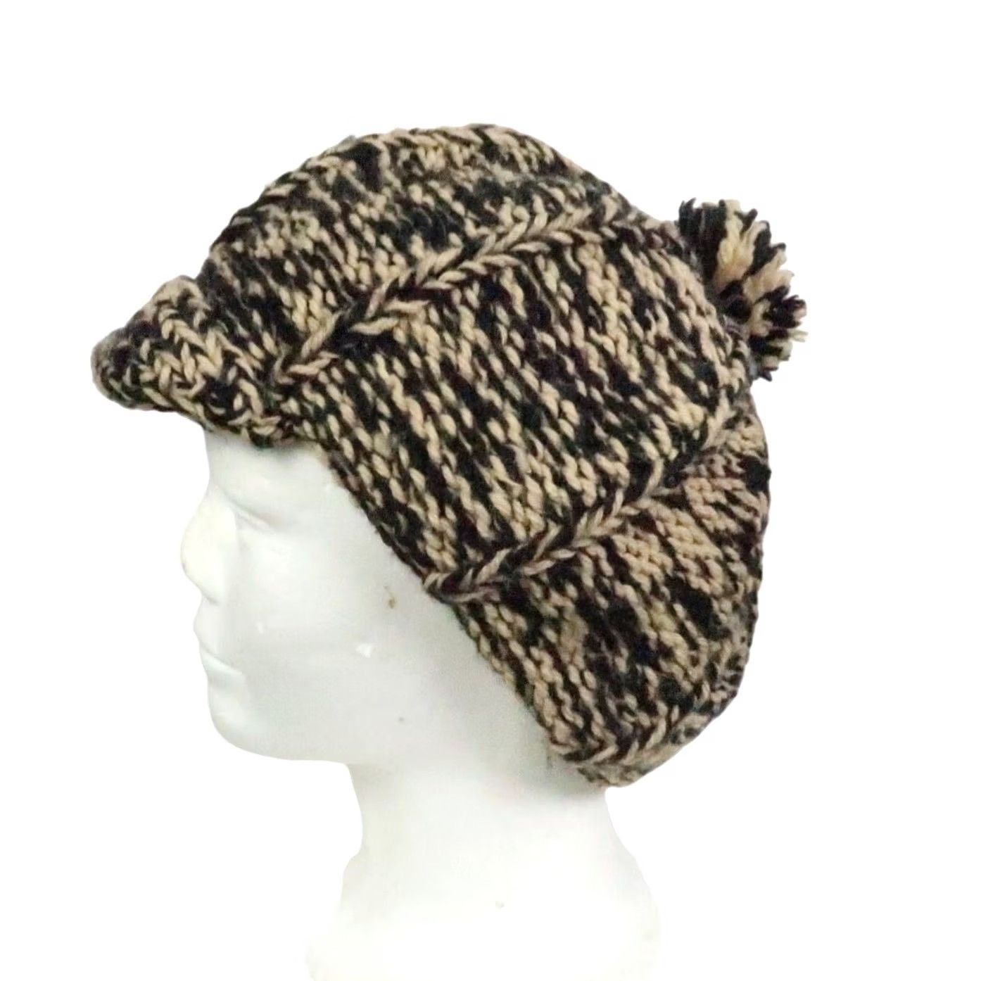 Vintage VINTAGE Beanie Hats Women One Size Tan Black Marled Knit Acrylic Brim Bobble Boho Fall Winter Casual Size ONE SIZE - 3 Thumbnail