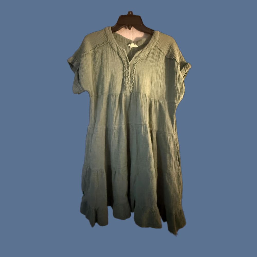 Vintage VINTAGE Entro Dress Womens Medium Green Cotton Gauze V Neck Swing Ruffle Hem Boho Tiered Size M / US 6-8 / IT 42-44 - 1 Thumbnail