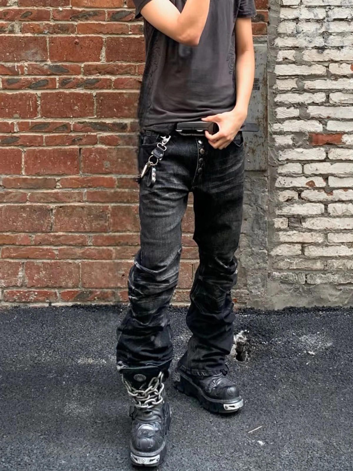 Vintage Black Button Stud Pleated Stacked Denim Jeans Size US 32 / EU 48 - 4 Thumbnail