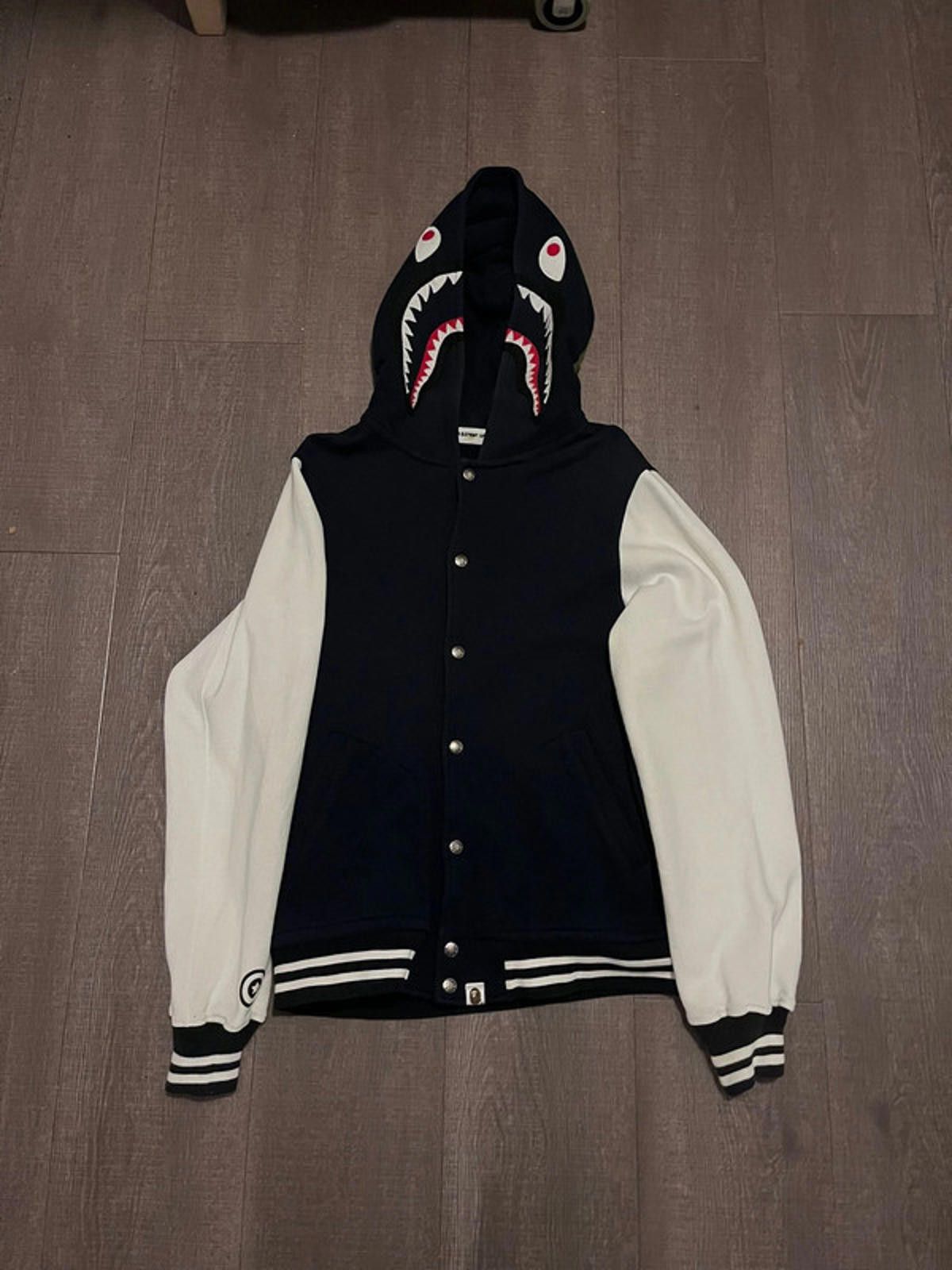 Bape BAPE - Shark Hoodie Black and White Varsity Jacket Size US M / EU 48-50 / 2 - 2 Thumbnail