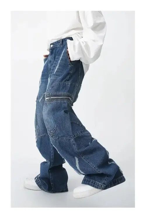 VIBE Baggy Ripped Jeans Frayed Zipper Pockets cargo Pants Hip-hop Size US 32 / EU 48 - 4 Thumbnail