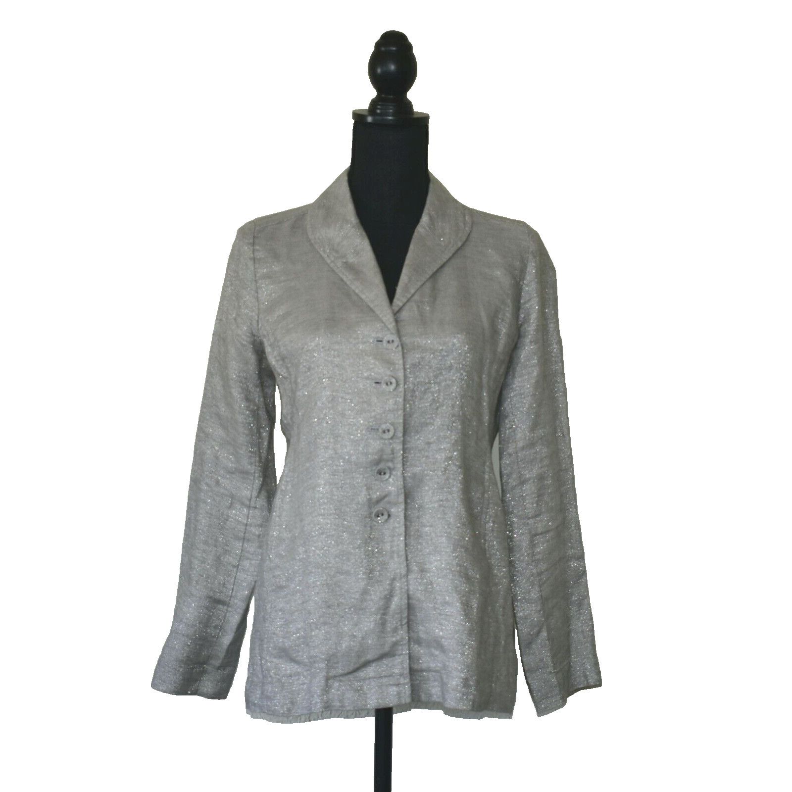 Eileen Fisher EILEEN FISHER Grey Metallic Linen Blend Front Blazer Size PP Size S / US 4 / IT 40 - 1 Thumbnail