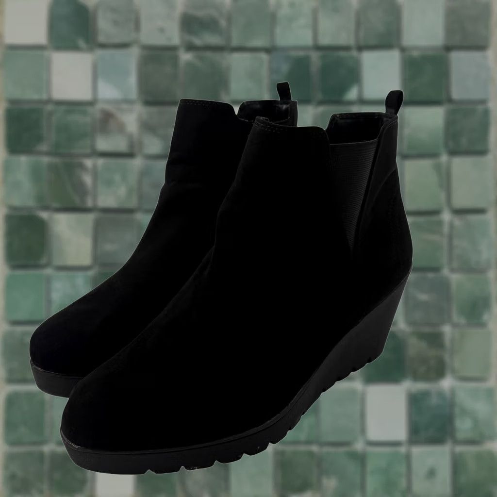 Vintage Dexflex Comfort Selma 11W Wedge Ankle Boots Black Fabric Zipper Wide Booties Size US 12 / IT 42 - 1 Thumbnail