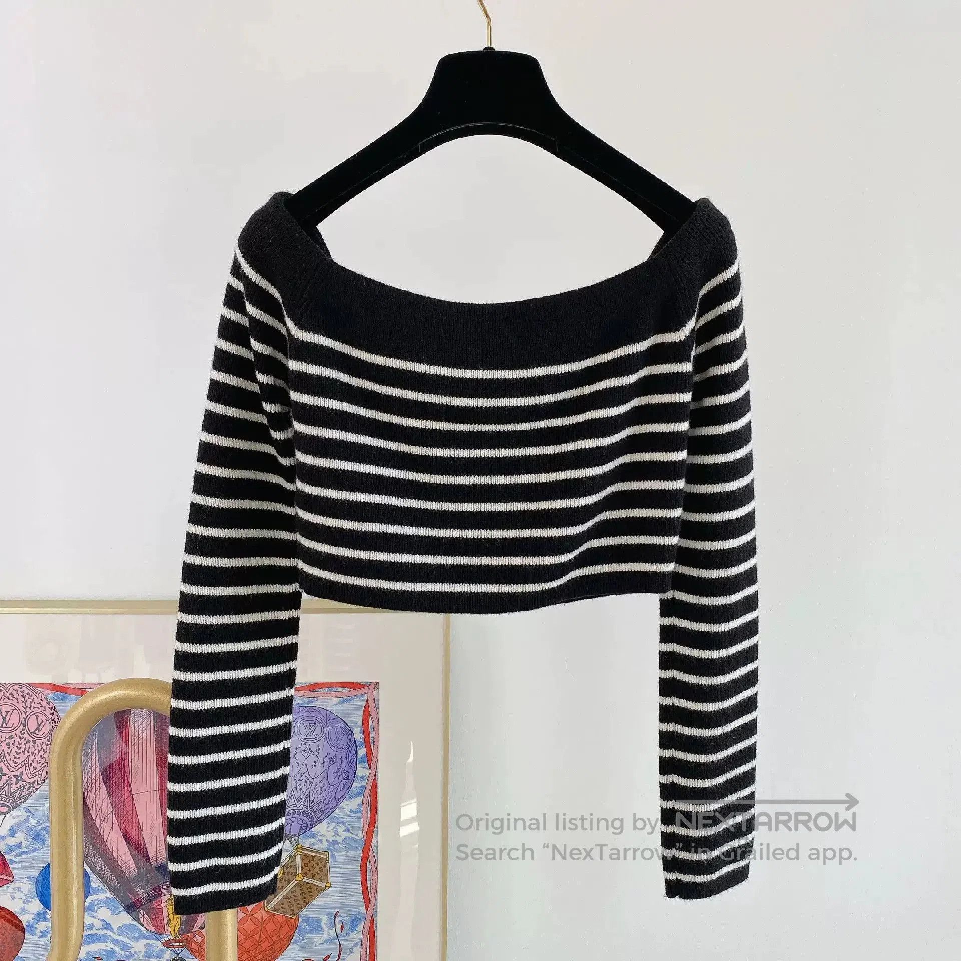 Saint Laurent Paris Saint Laurent Off-Shoulder Striped Crop Sweater. Size M / US 6-8 / IT 42-44 - 2 Thumbnail