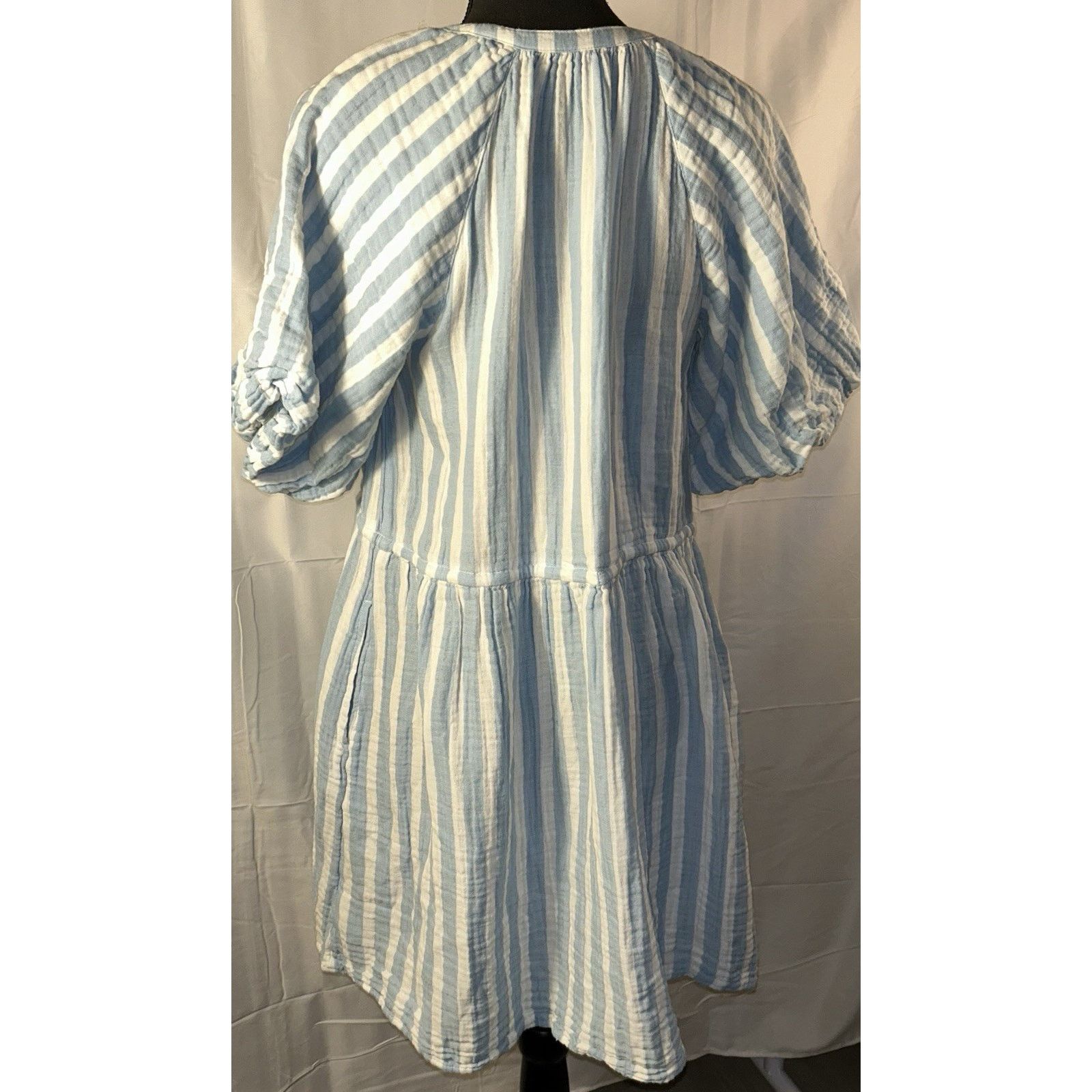 Old Navy Old Navy Blue & White Cotton 3/4 Puff Sleeve Dress Small Size S / US 4 / IT 40 - 2 Thumbnail