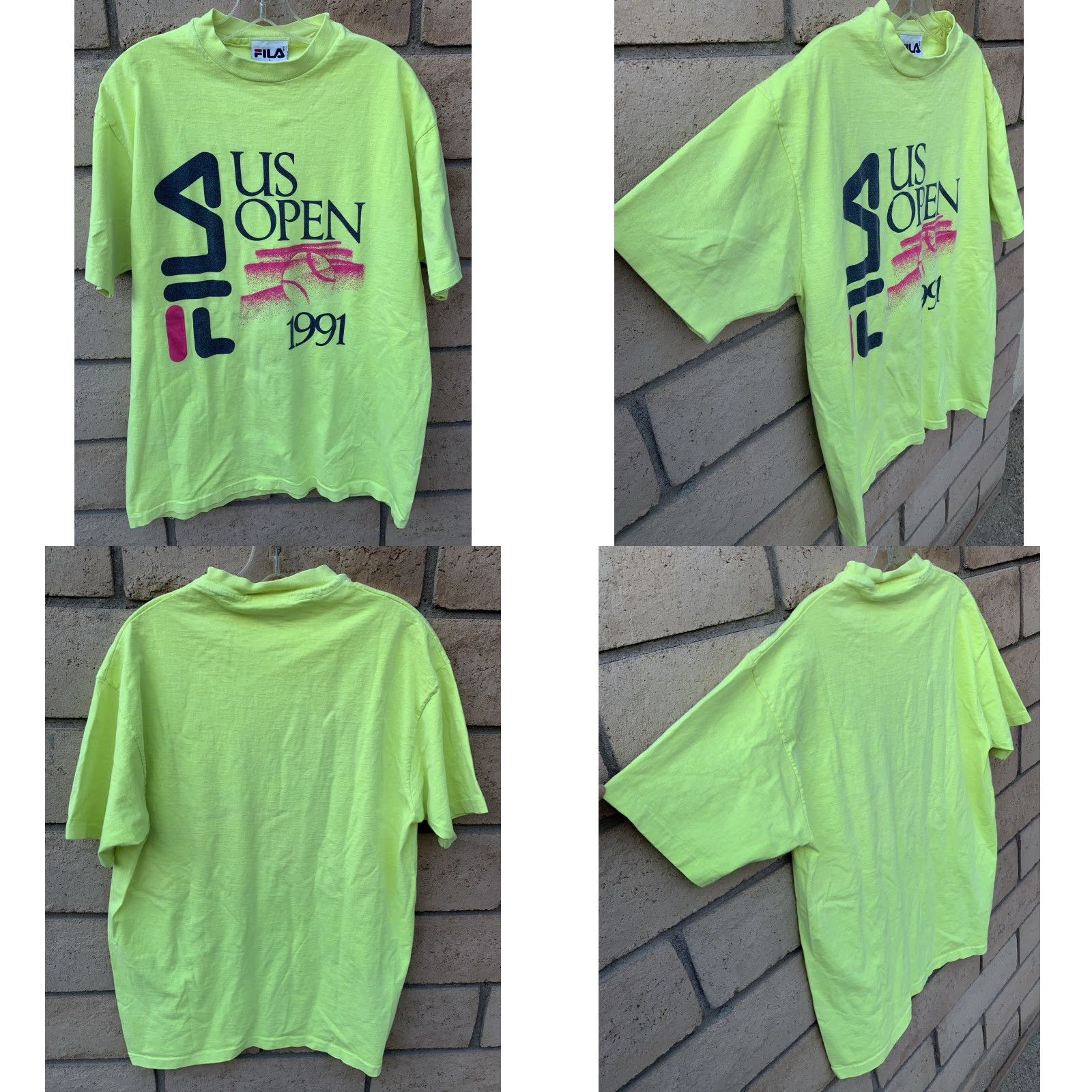 Fila VINTAGE FILA US OPEN 1991 T Shirt Graphic Tee Neon Yellow 90s 1990s Size L Mens Cotton Short Sleeve Graphic Print Open Size US L / EU 52-54 / 3 - 8 Thumbnail