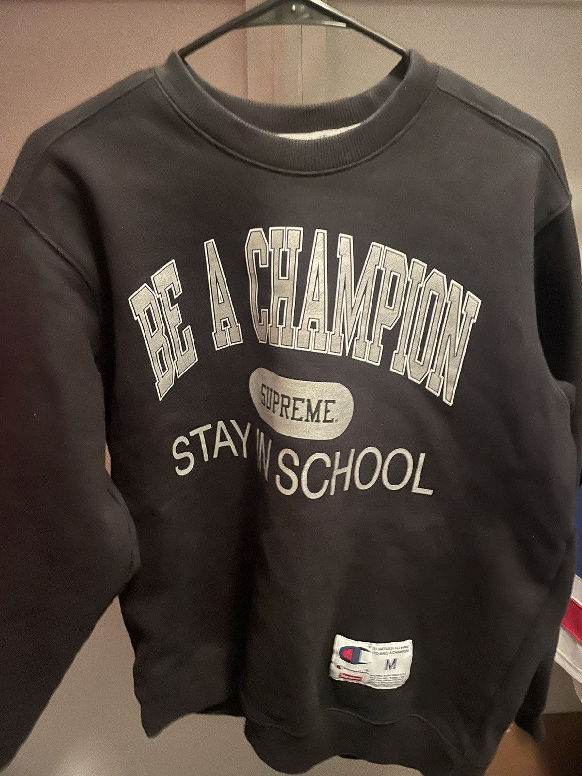 image of Champion ‘Stay In School’ Crewneck in Black, Men's (Size Medium)