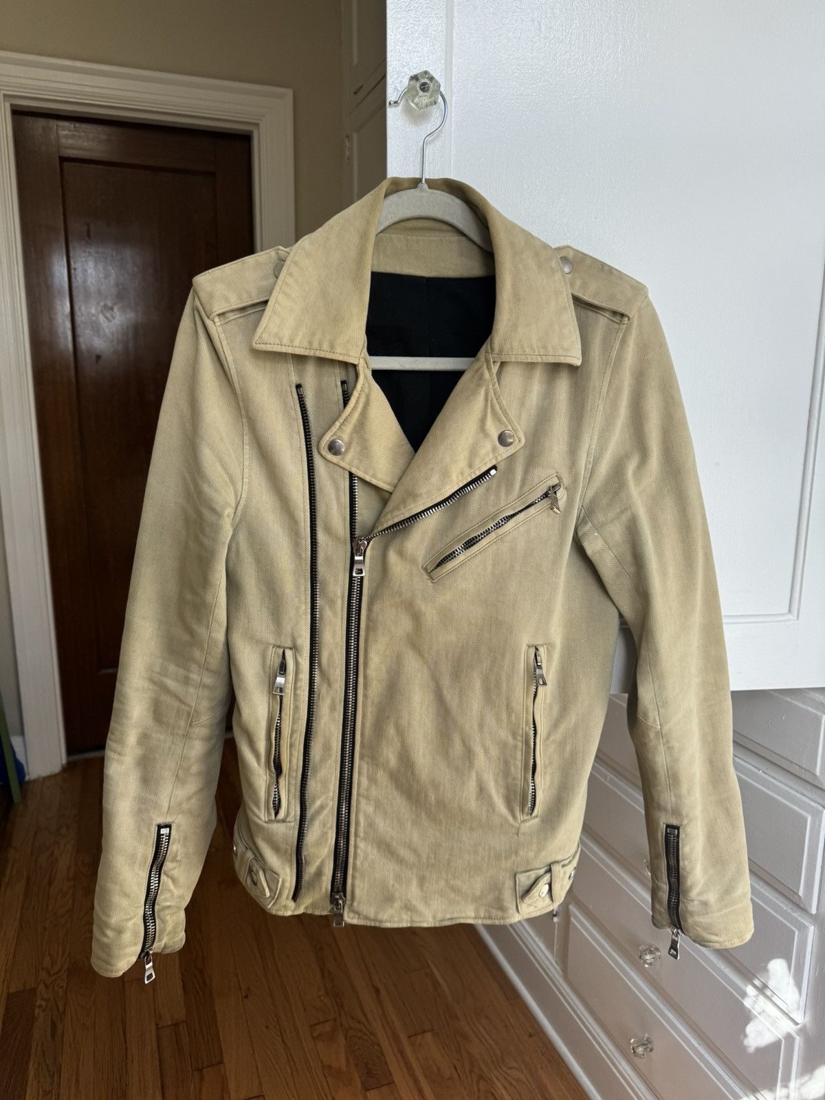 Image of Balmain Denim Biker Jacket in Beige, Men's (Size Small)