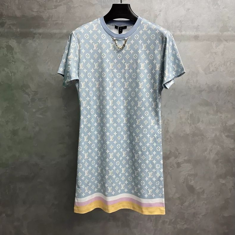 Louis Vuitton blue short-sleeve fitted dress with logo-dmc Size 36" / US 14 / IT 50 - 1 Thumbnail