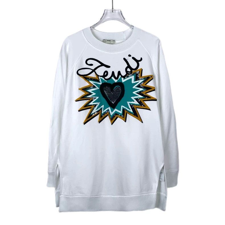 Fendi FENDI Logo Embroidered Sequin Heart Round Neck White Cotto Size M / US 6-8 / IT 42-44 - 1 Thumbnail