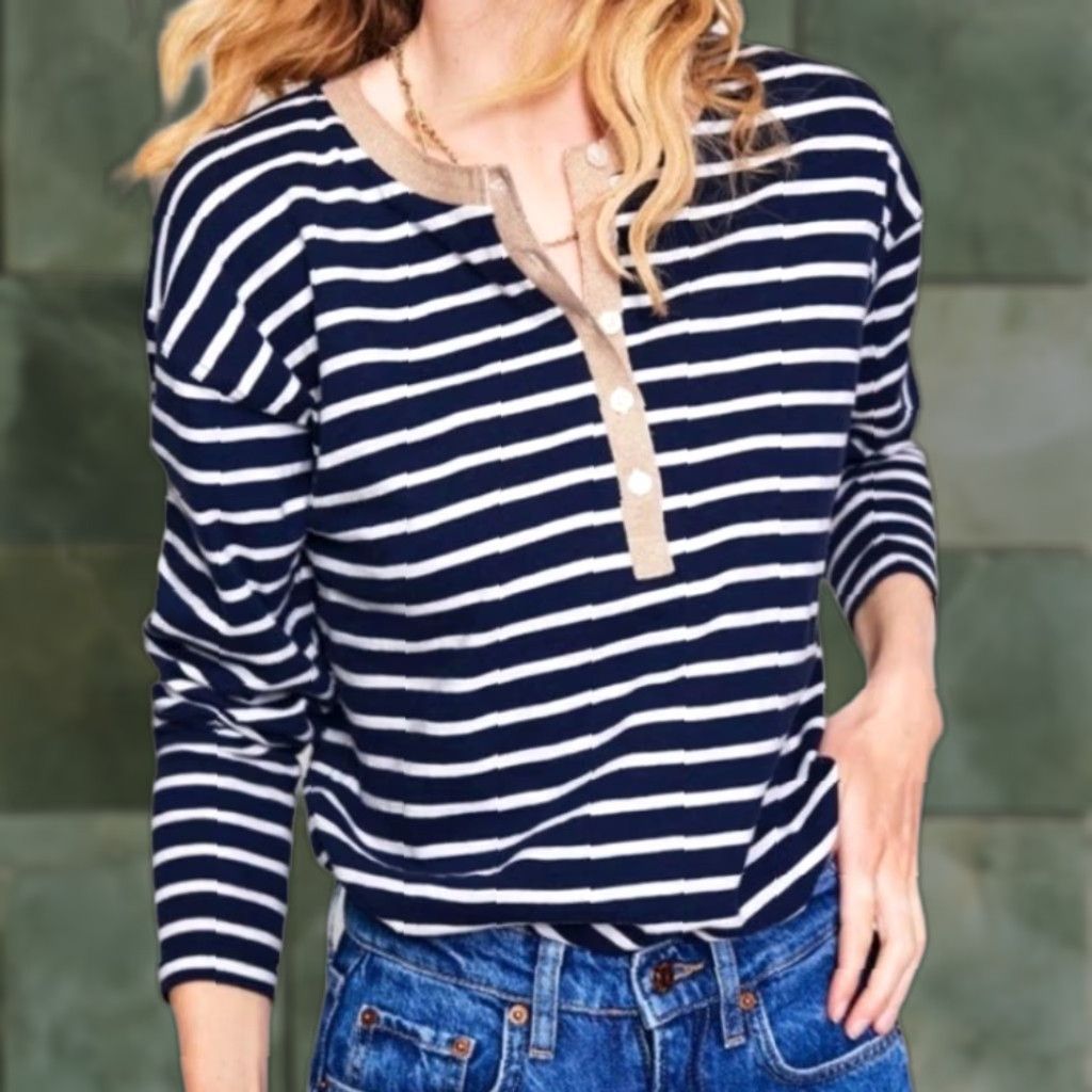 Boden NWT Boden Stripe Metallic Trim Henley Top Size 2 Size XS / US 0-2 / IT 36-38 - 1 Thumbnail