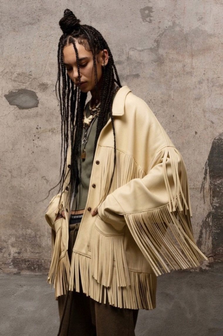 image of R13 Leather Fringe Jacket in Beige, Women's