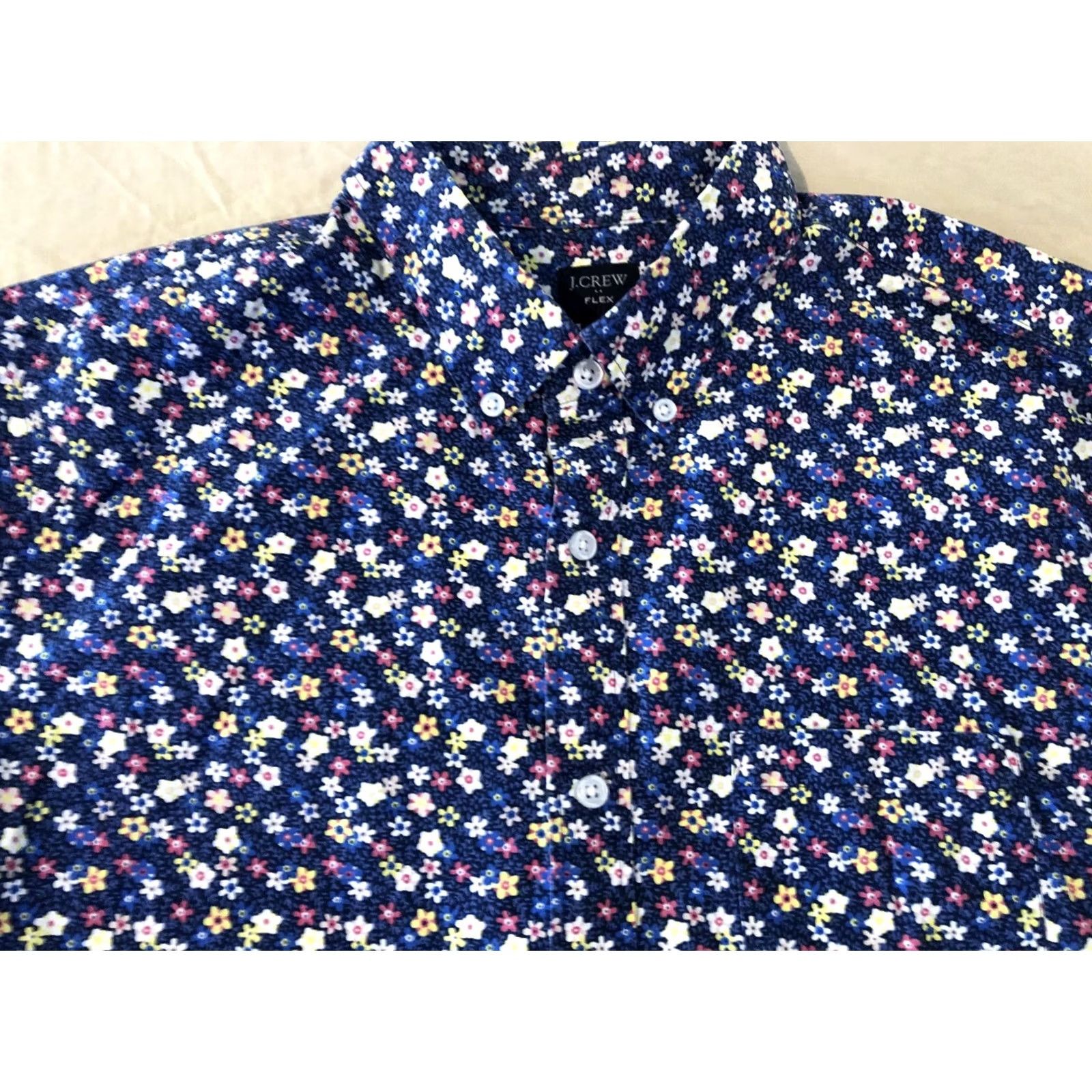 J.Crew VINTAGE? Mens J. Crew Dress Shirt L Large Navy Blue Cotton Short Sleeve Size 42R - 2 Thumbnail