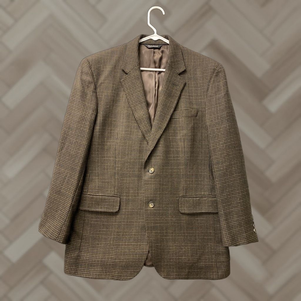 Vintage Jos A Bank Blazer Mens 42 Brown Houndstooth Wool - 100% Wool - Regular Fit - Notch Lapel - Single-Breasted 2-Button Size 42R - 1 Thumbnail