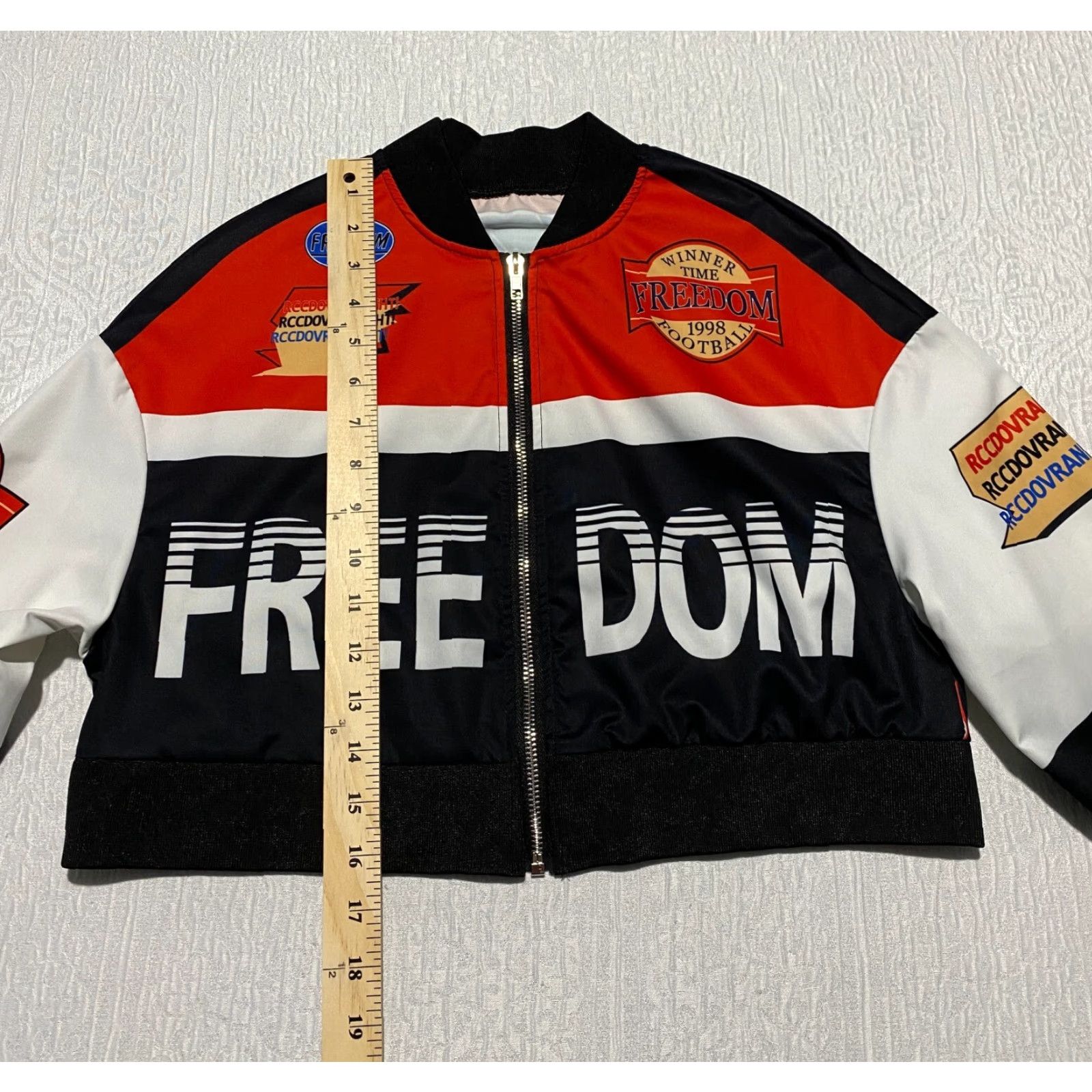 Shein SHEIN Women's ICON Graphic Drop Shoulder Jacket Red White Size M Polyester Bomber Jacket Multicolor Womens M Jacket Size M / US 6-8 / IT 42-44 - 3 Thumbnail