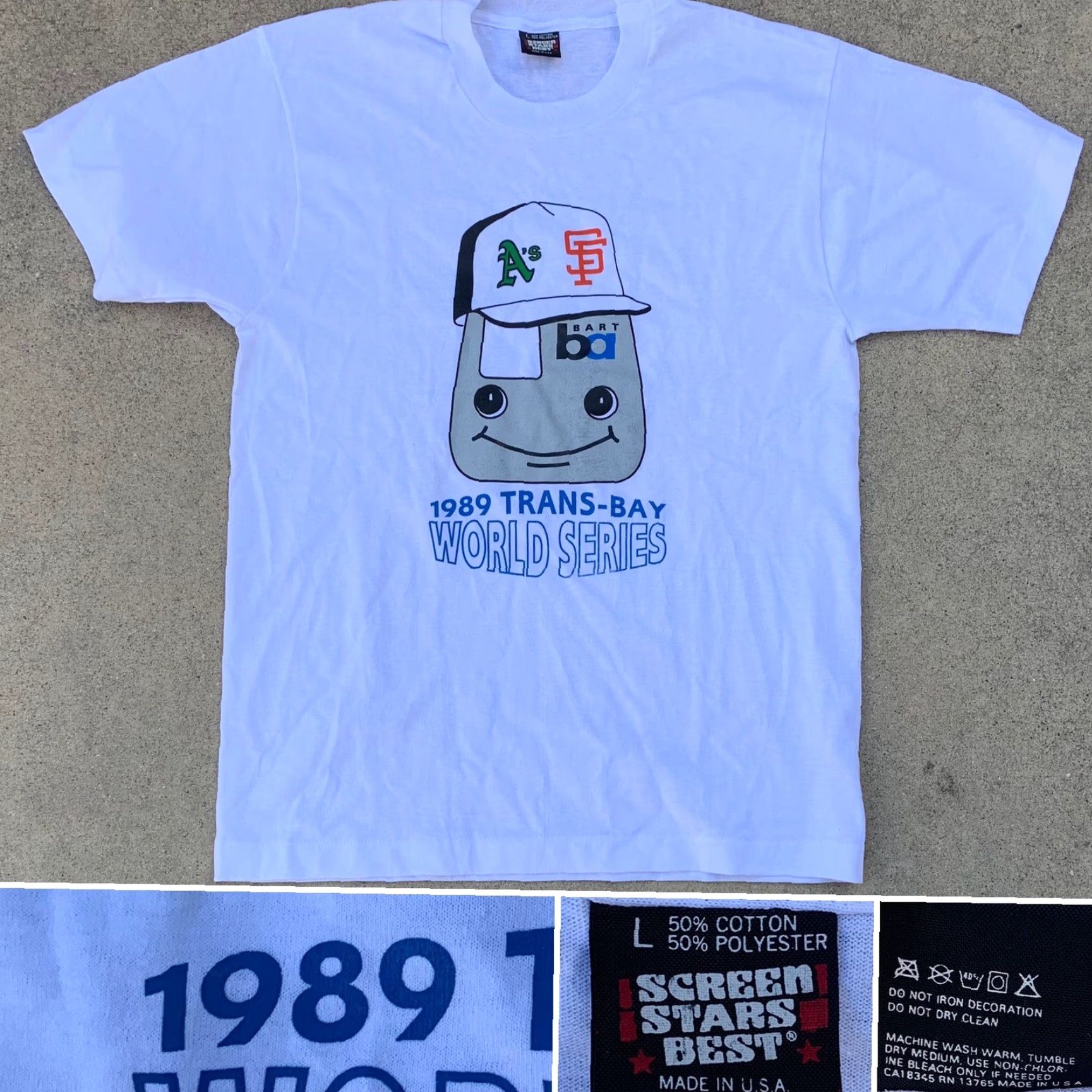 Vintage VINTAGE Screen Stars Shirt Men L White 1980s BART SF A’s World Series t shirt Single Stitch Graphic Tee MLB Sportswear/Beach Size US L / EU 52-54 / 3 - 4 Thumbnail