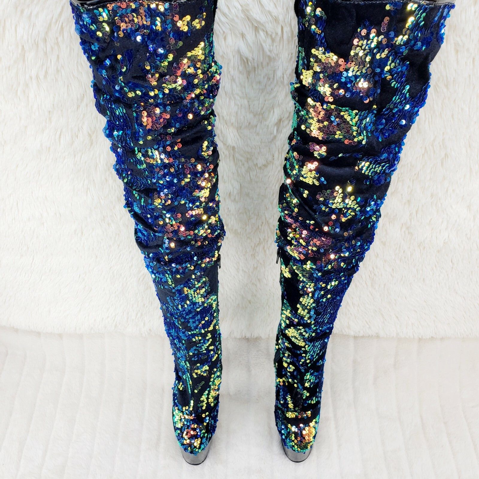 Other Flamingo 3004 Blue Sequin Slouchy Platform Thigh High Boots Size US 9 / IT 39 - 8 Thumbnail