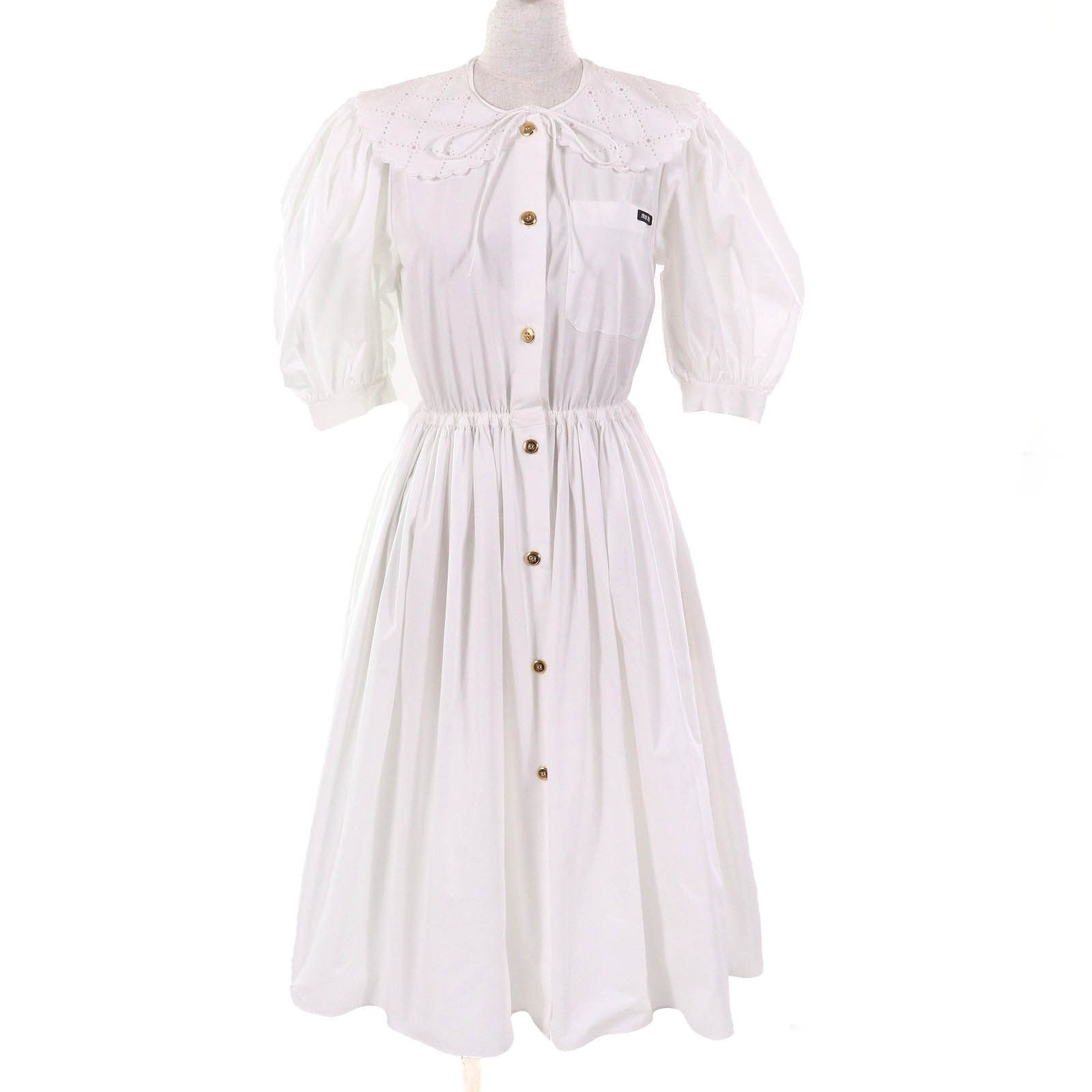 Miu Miu Miu Miu Miu Miu Embroidered collar logo puff sleeve poplin dress Cotton Dresses MF4512 DUTY FREE for USA Size ONE SIZE - 1 Thumbnail