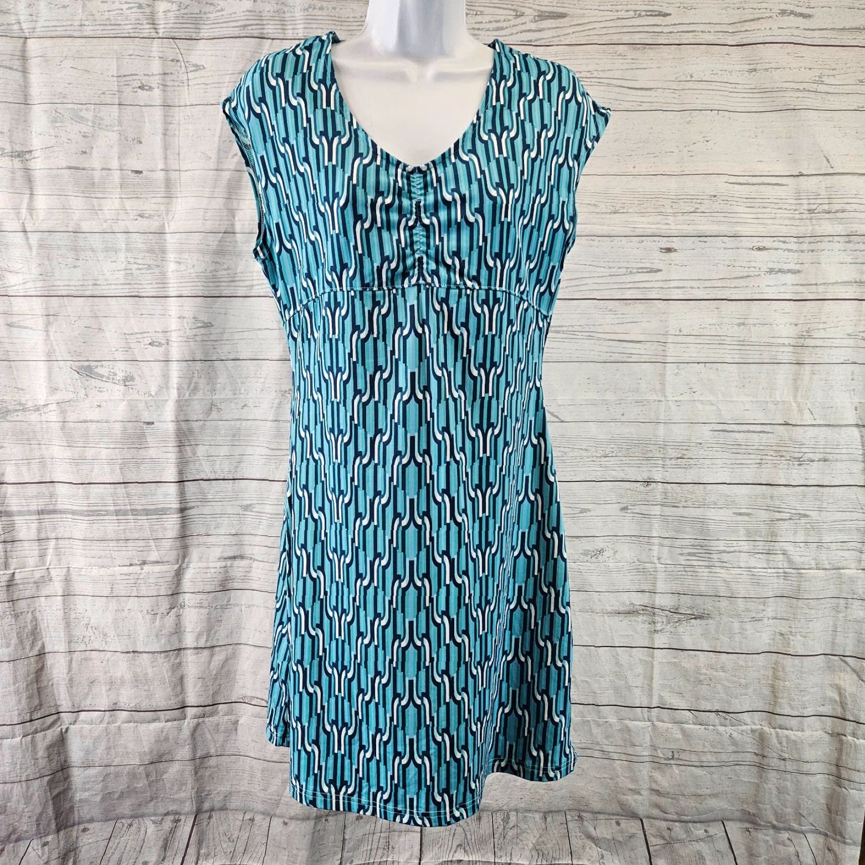 Vintage Title Nine Womens Printed Dress Sz Medium Blue White Scoop Neck Dress of A-Line Pattern: Geometric Ladies Medium Blue Womens Size M / US 6-8 / IT 42-44 - 2 Thumbnail