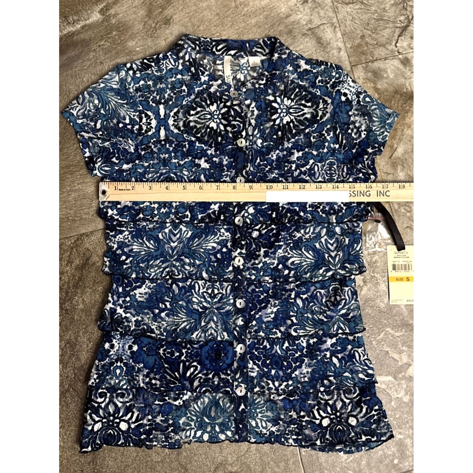 Vintage Sunset Rd Blouse Shirt Short Sleeve Blue Floral Bohemian Lined Sheer Ruffle Button NWT Sz S Womens Regular Adult Small Size S / US 4 / IT 40 - 3 Thumbnail