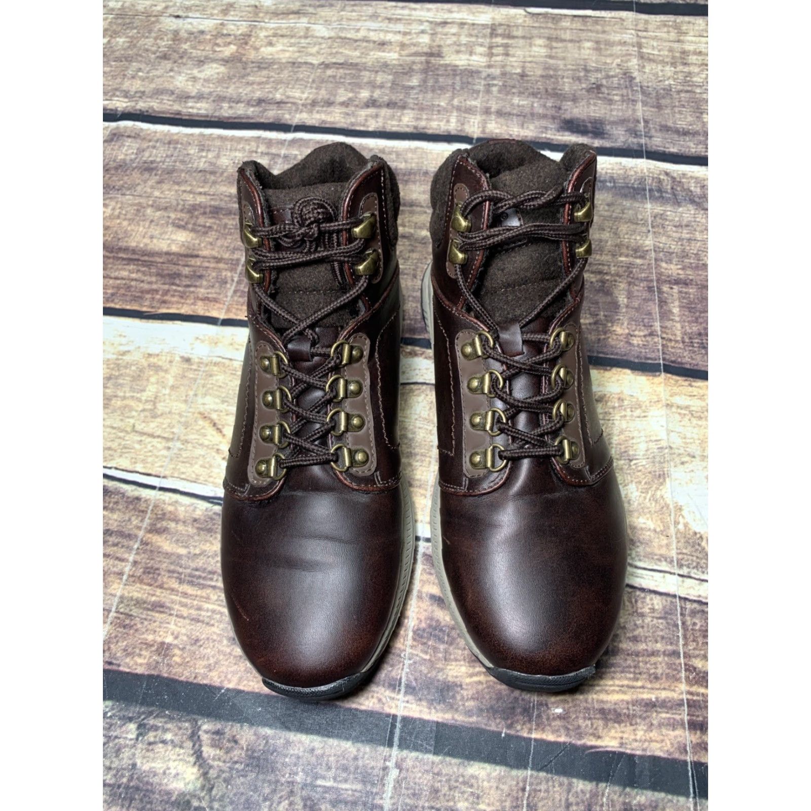 Vintage Khombu Men's 8M Brown Faux Leather Hiking Boots Casual Fall Winter Spring All-Season Excellent Condition Very Clean Size 8 M Boys Mens Womens Size US 8 / EU 41 - 2 Thumbnail