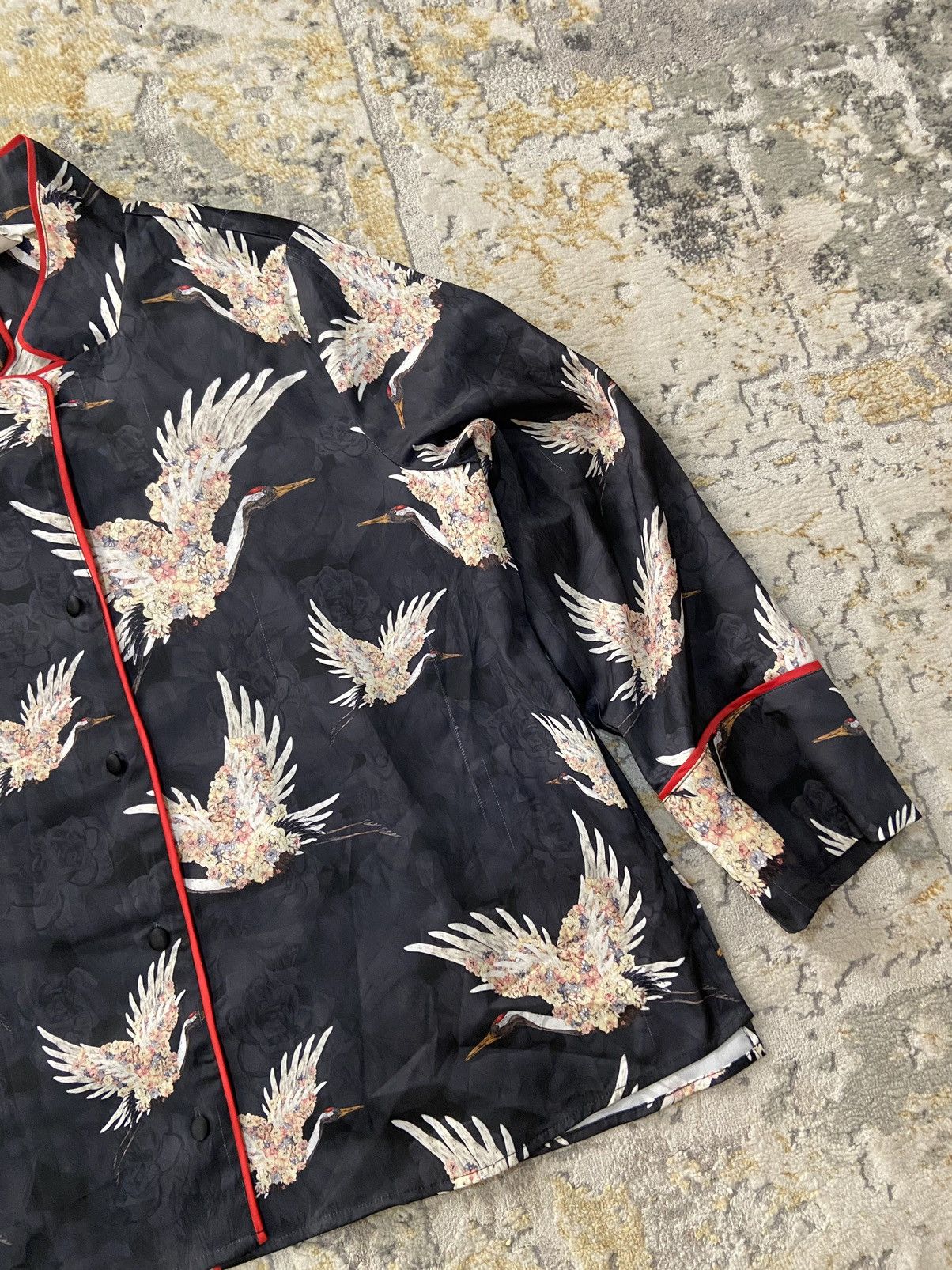 H&M KIMONO CRANES BIRDS BLOUSE PYJAMA SHIRT SILK Size L / US 10 / IT 46 - 3 Thumbnail