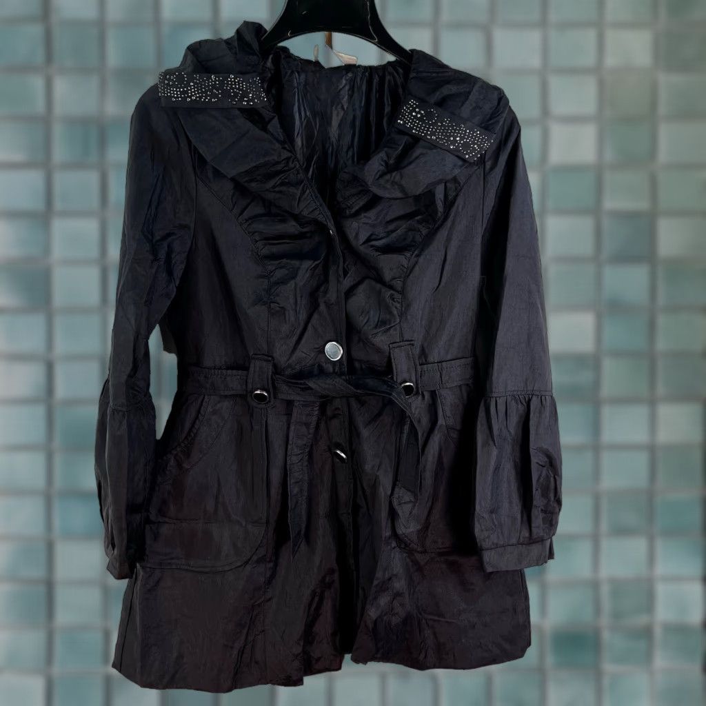 Vintage Tanuja Jacket Womens Junior XL Black Belted Wide Collar Taffeta Glitter" Size XL / US 12-14 / IT 48-50 - 1 Thumbnail