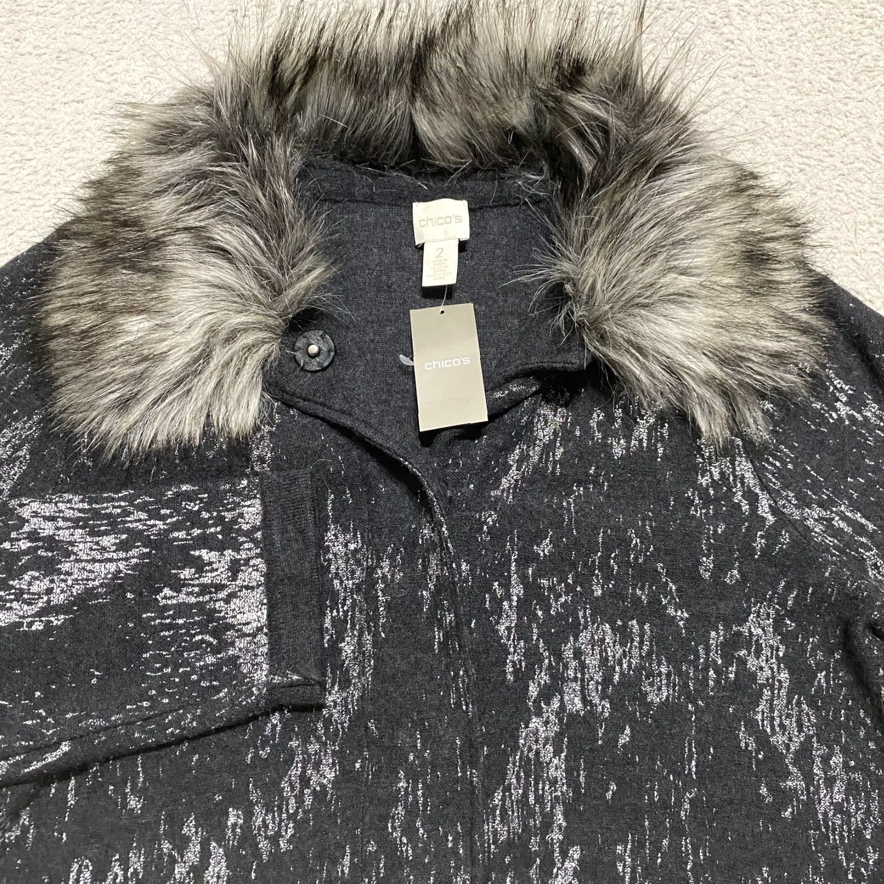 Vintage Chico's Cardigan Sweater NWT Jacket Women L Gray Fur Trim Button Knit /Wool Heavyweight All Seasons Casual Holiday 90s? Size L / US 10 / IT 46 - 5 Thumbnail
