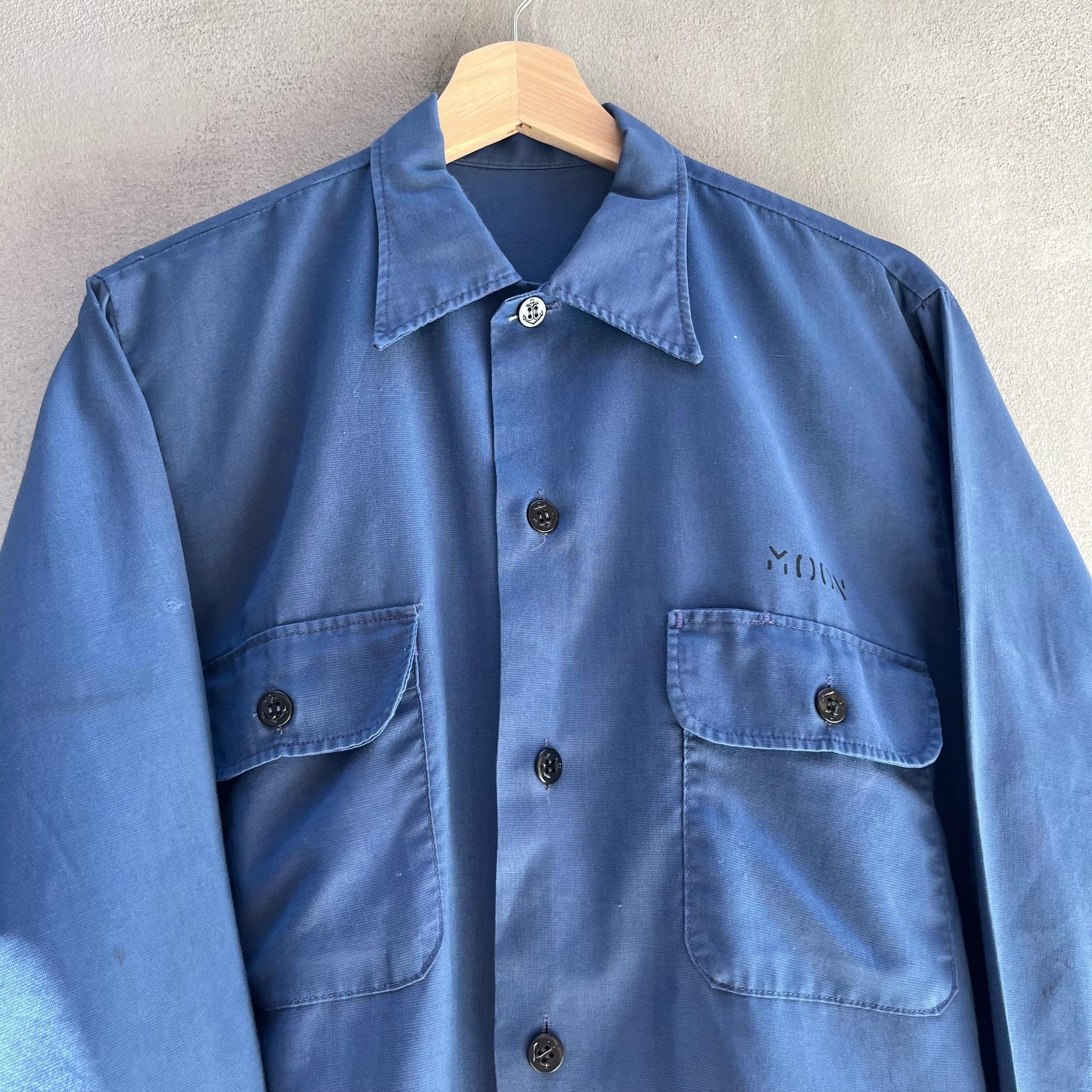 Vintage 70's USN Utility Blue Button Down Long Sleeve Shirt Size US L / EU 52-54 / 3 - 4 Thumbnail