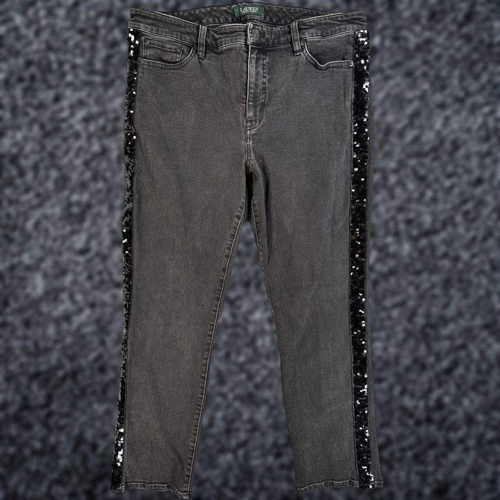 Ralph Lauren Lauren Ralph Lauren Jeans Womens 14 Charcoal Gray Sequin Side Stripe Straight Leg Denim Size 36" / US 14 / IT 50 - 1 Thumbnail
