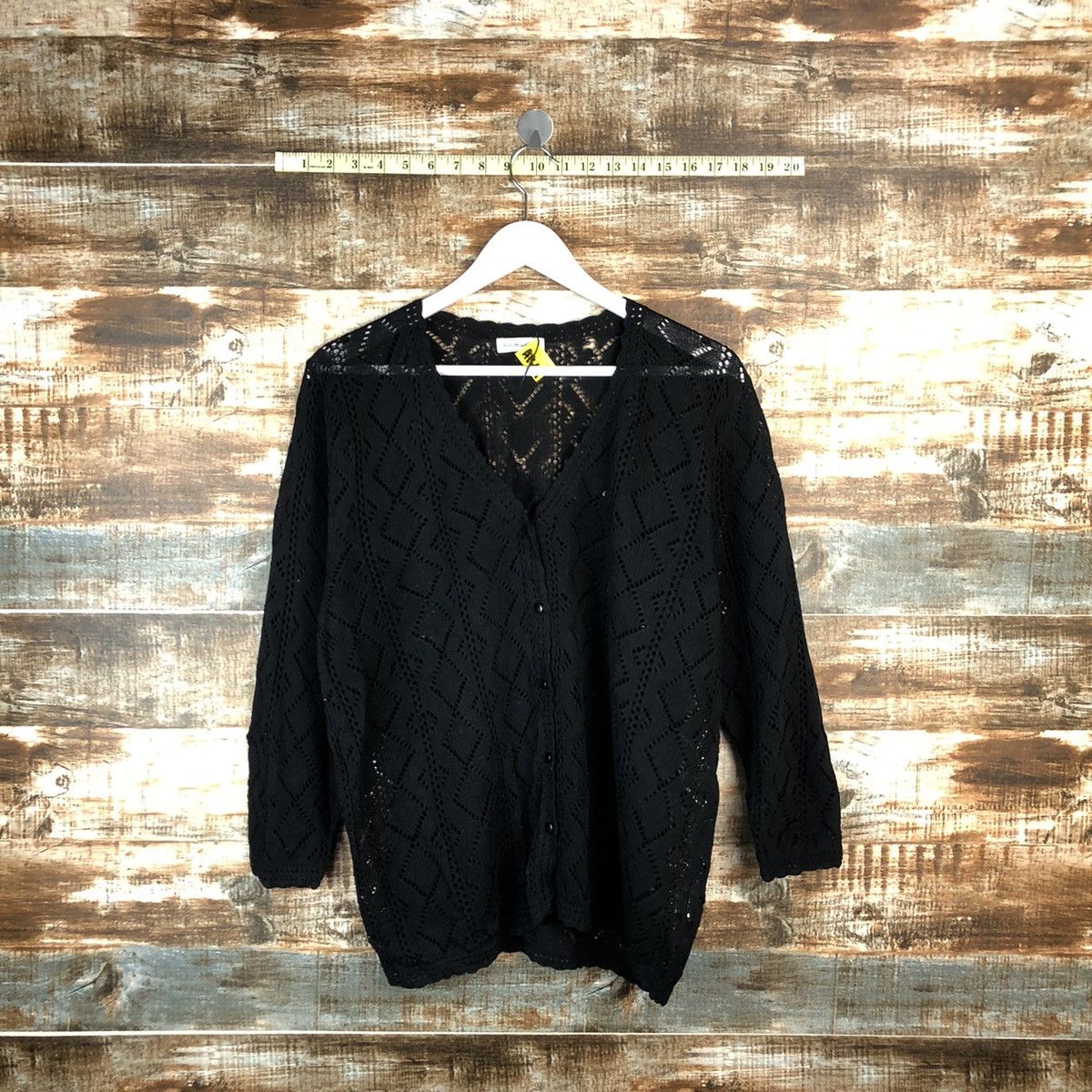 Homespun Knitwear × Japanese Brand Blue Mountain Black crochet meshnet Cardigan Knitwear #A1644 Size L / US 10 / IT 46 - 1 Thumbnail