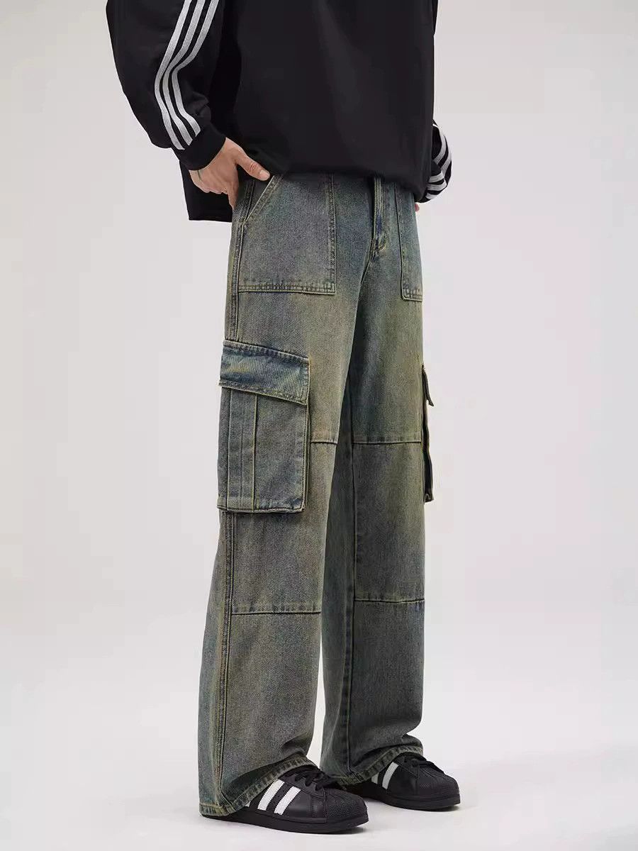 Vintage Retro washed multi-pocket men's straight loose work jeans Size US 32 / EU 48 - 2 Thumbnail