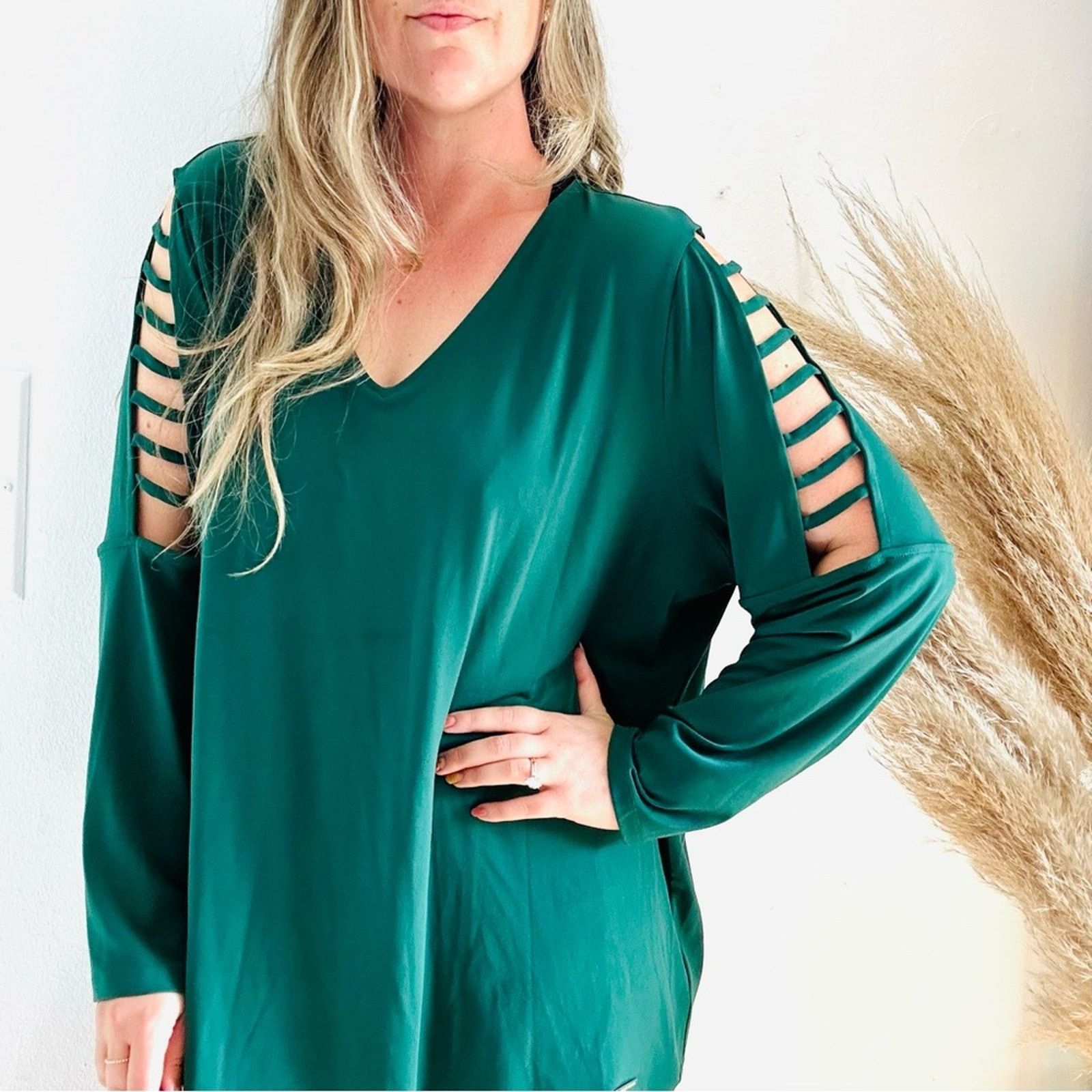 MICHAEL KORS Green Cutout Long Sleeve Tunic Blouse Top Shirt