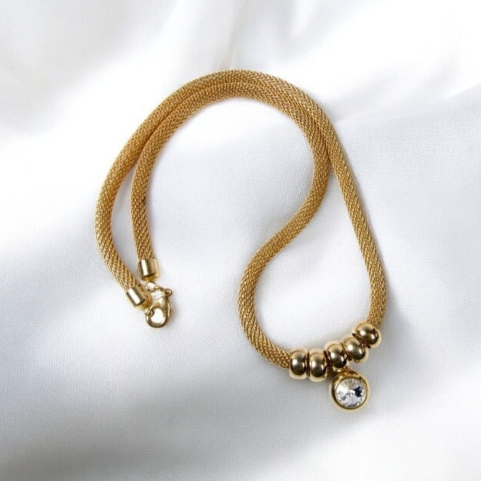 Vintage Gold Tone Metal Mesh Tube Necklace Ring Stoned Pendant Circa Size ONE SIZE - 1 Thumbnail